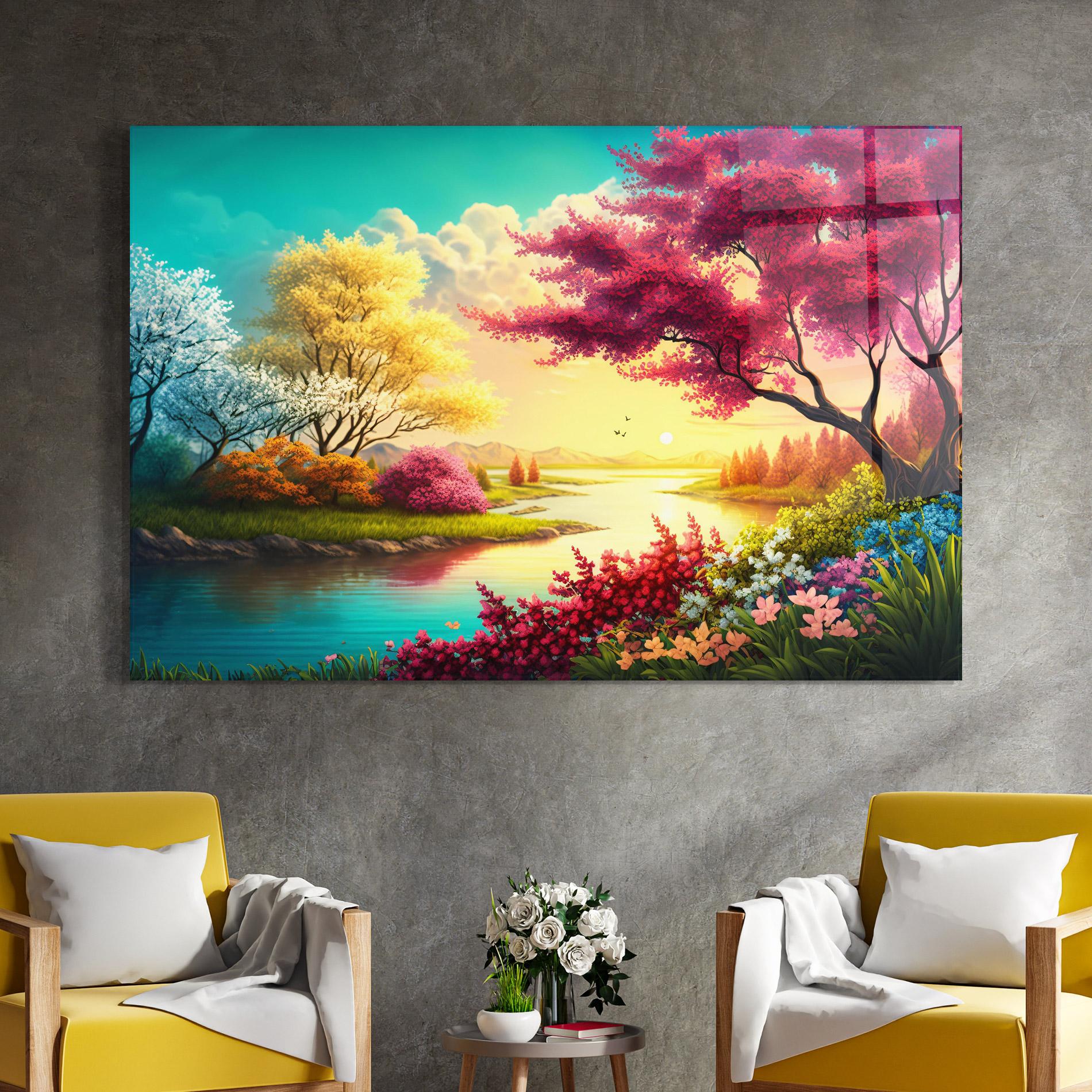 Glasbild Pink Yellow Trees mockup 4