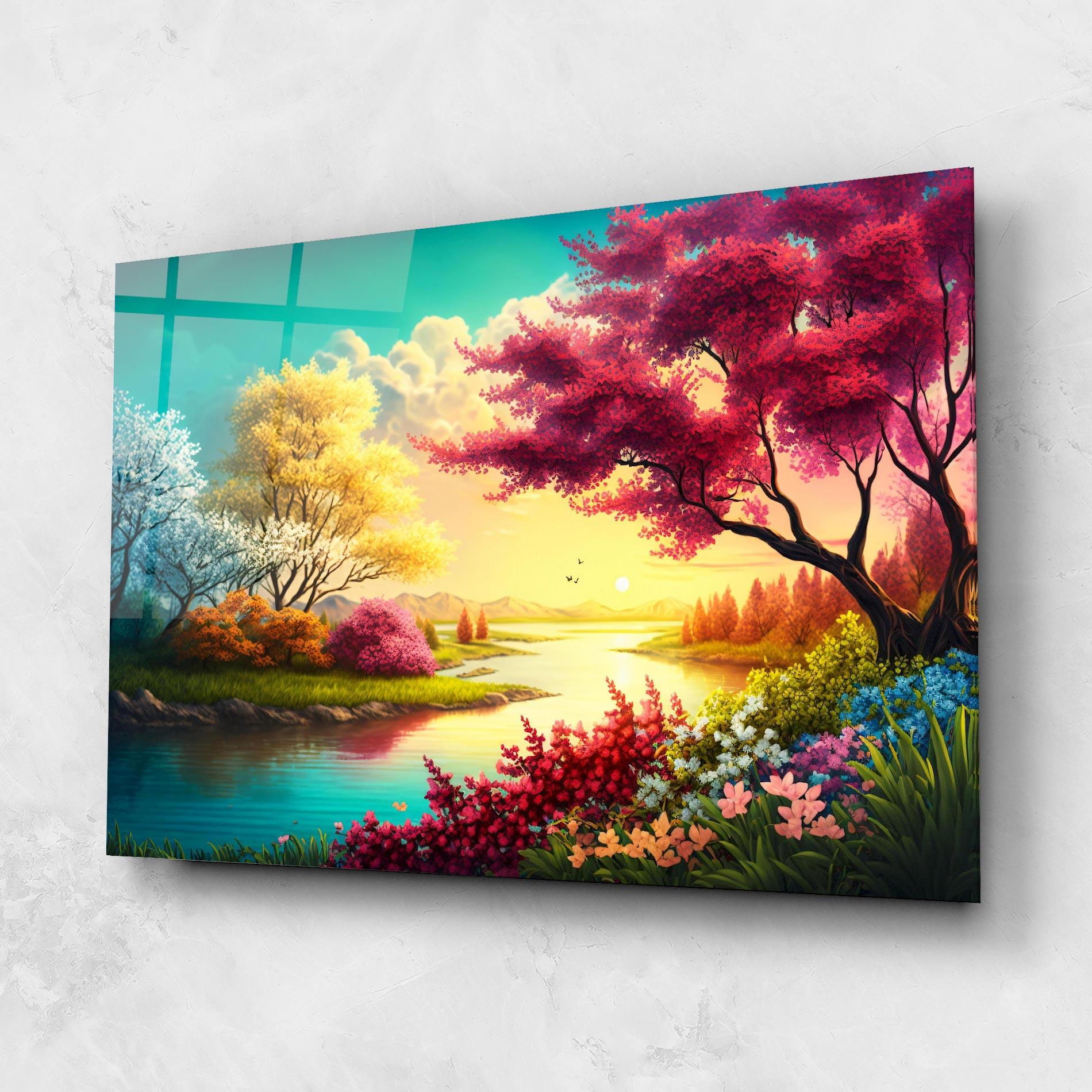 Glasbild Pink Yellow Trees mockup 1