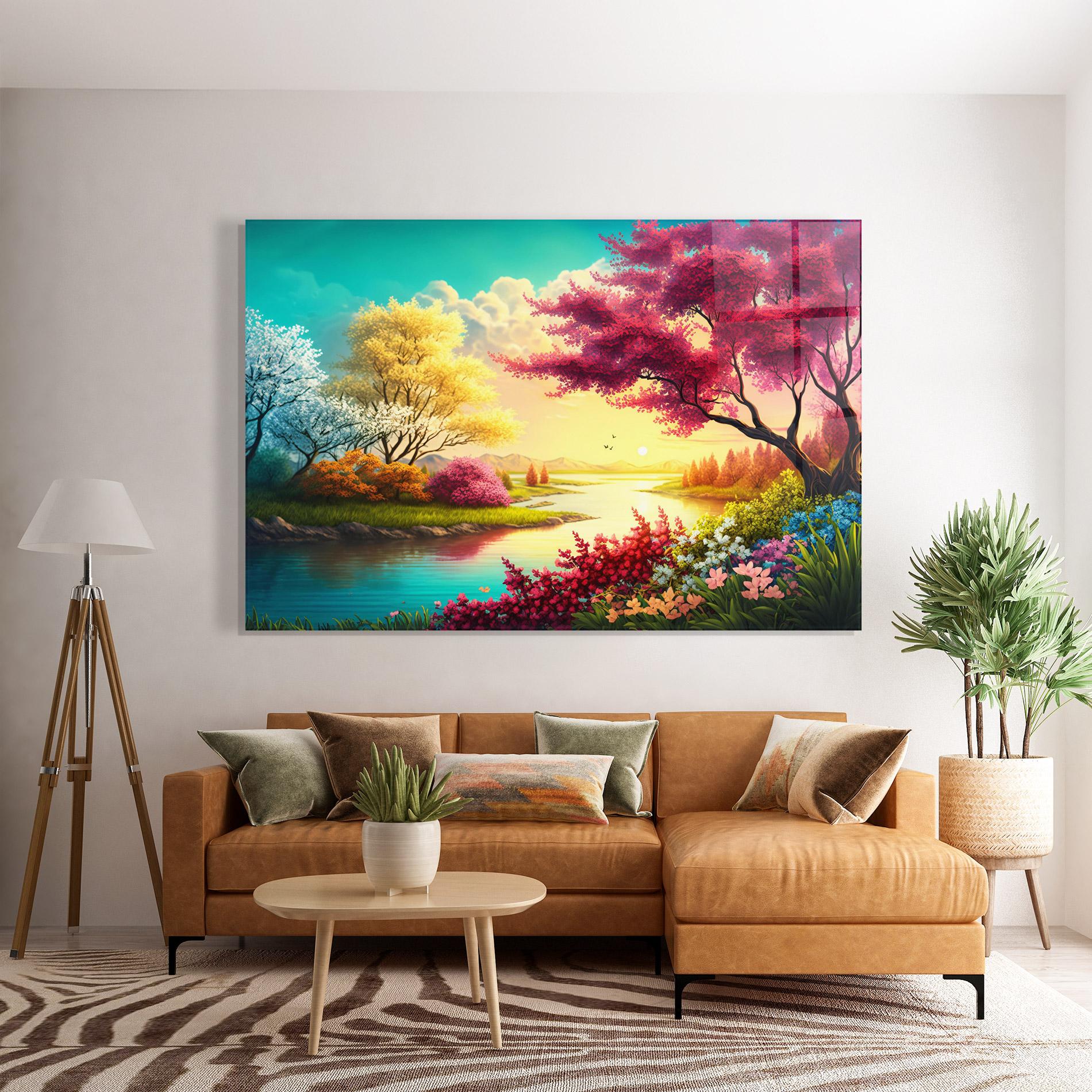 Glasbild Pink Yellow Trees mockup 7