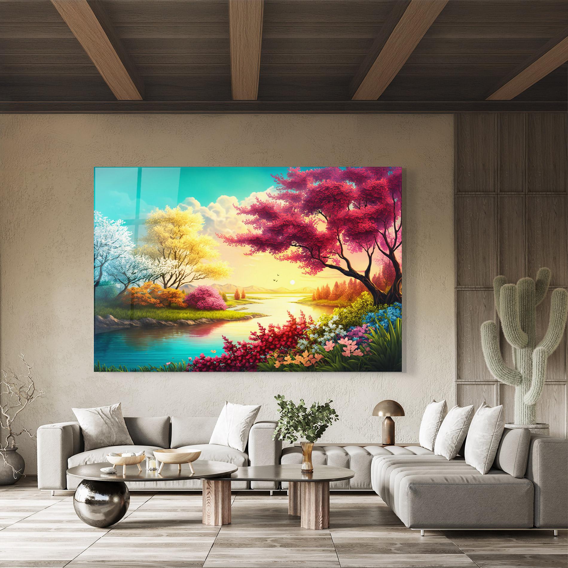 Glasbild Pink Yellow Trees mockup 8