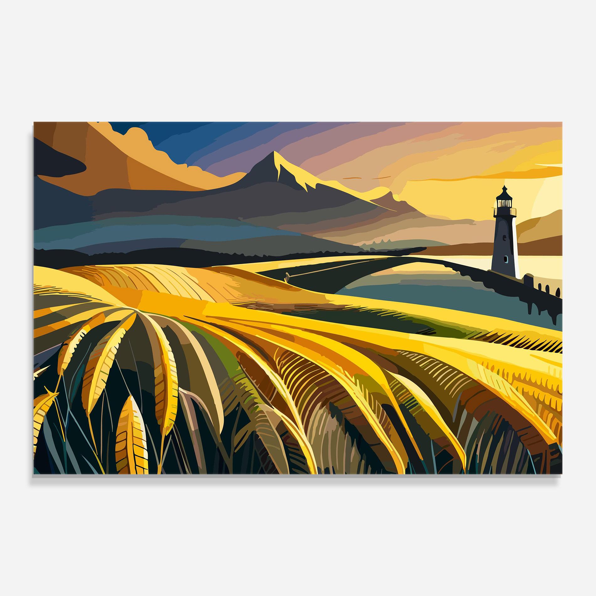 Glasbild Yellow Field Tower mockup 0