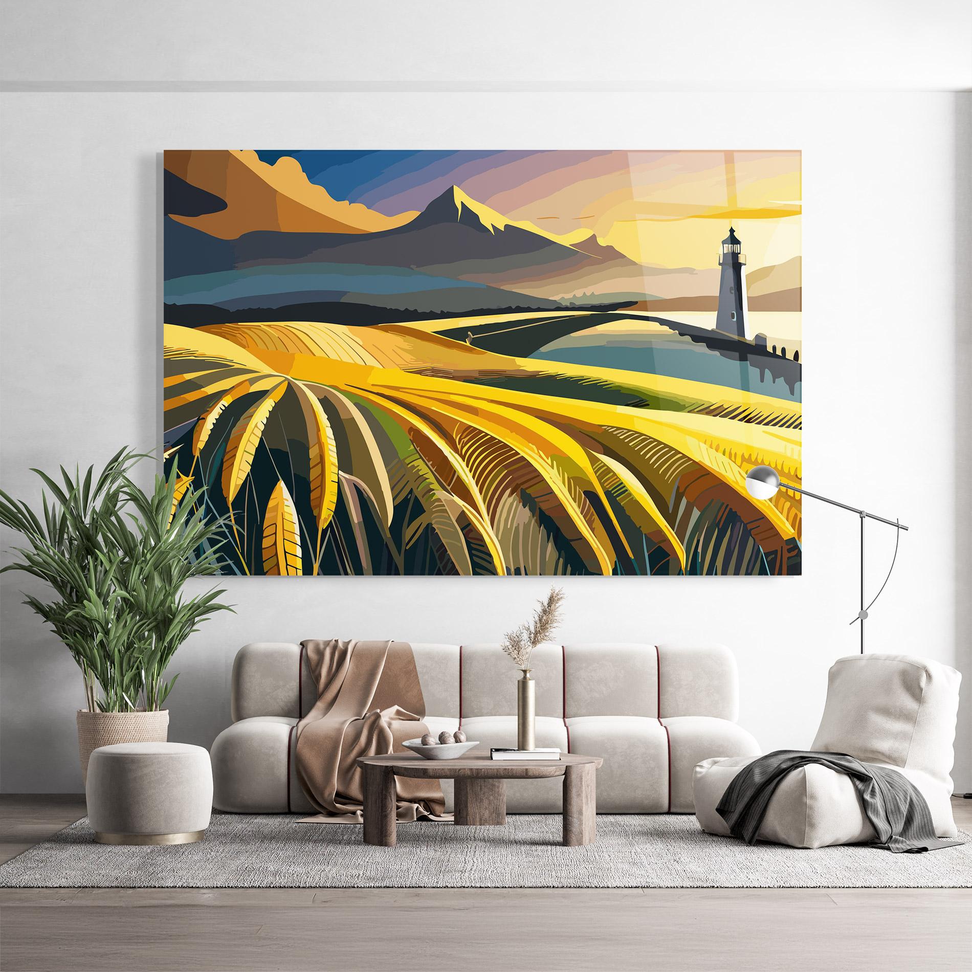 Glasbild Yellow Field Tower mockup 9