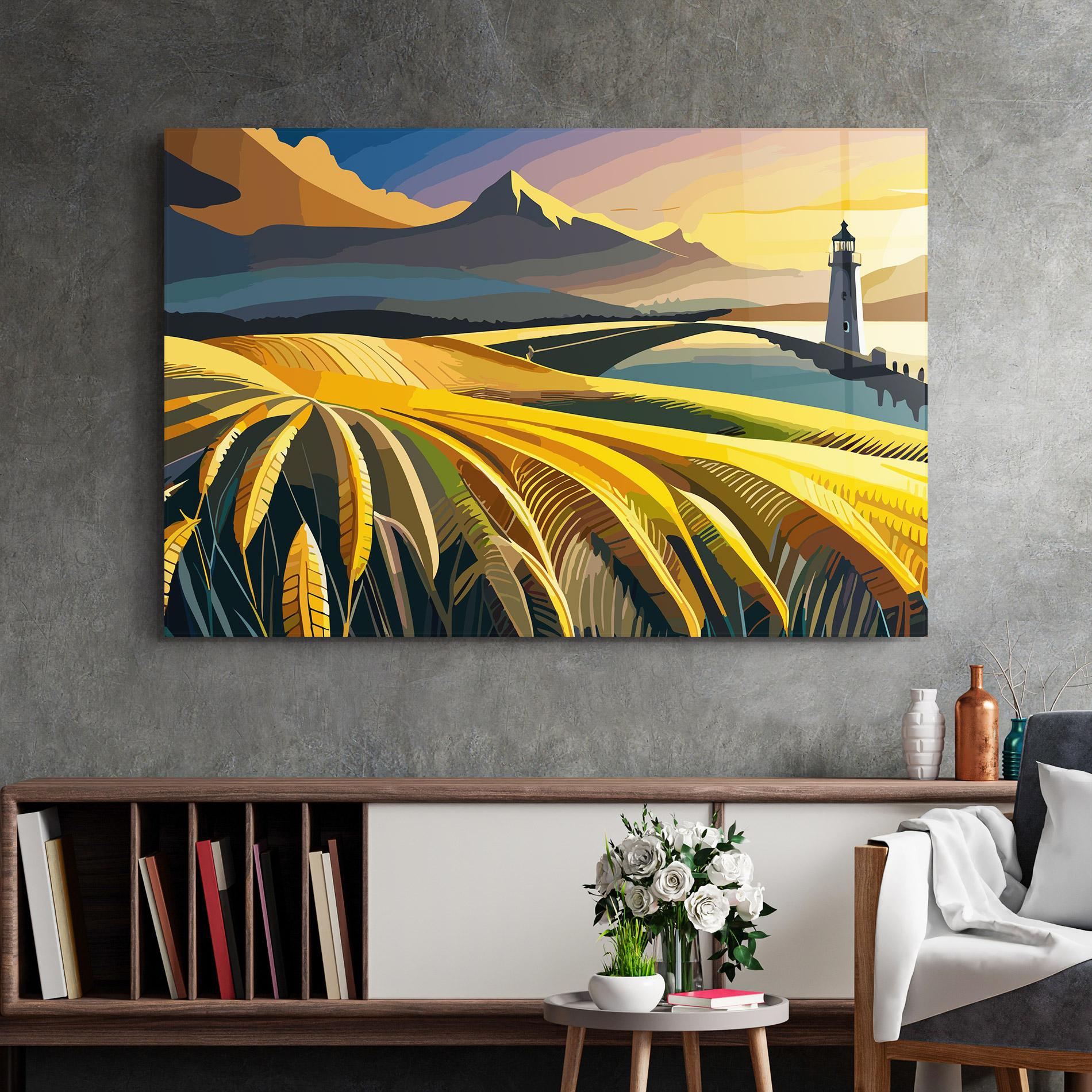 Glasbild Yellow Field Tower mockup 2