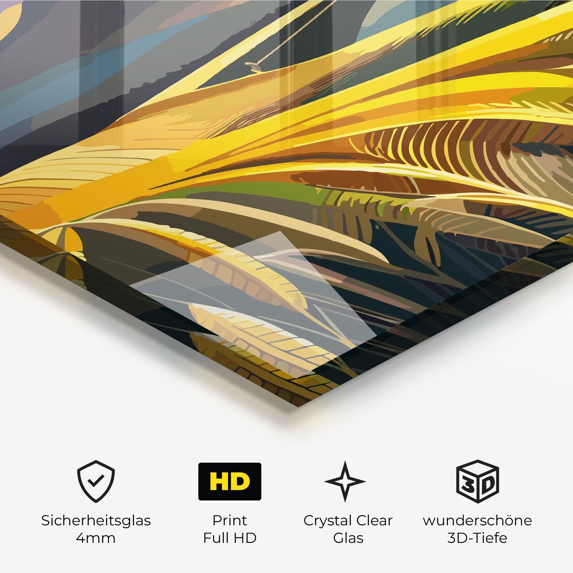 Glasbild Yellow Field Tower mockup 3