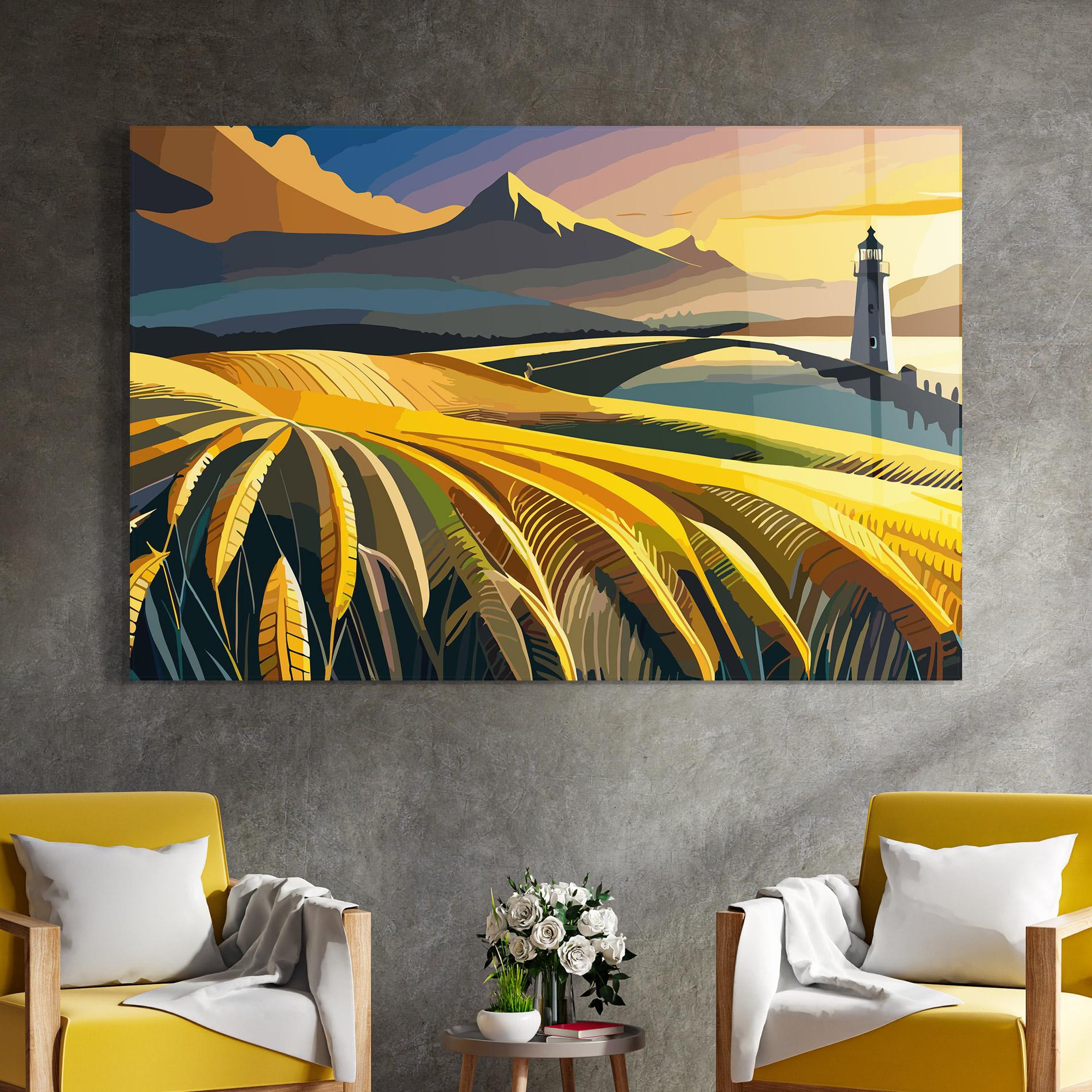 Glasbild Yellow Field Tower mockup 4