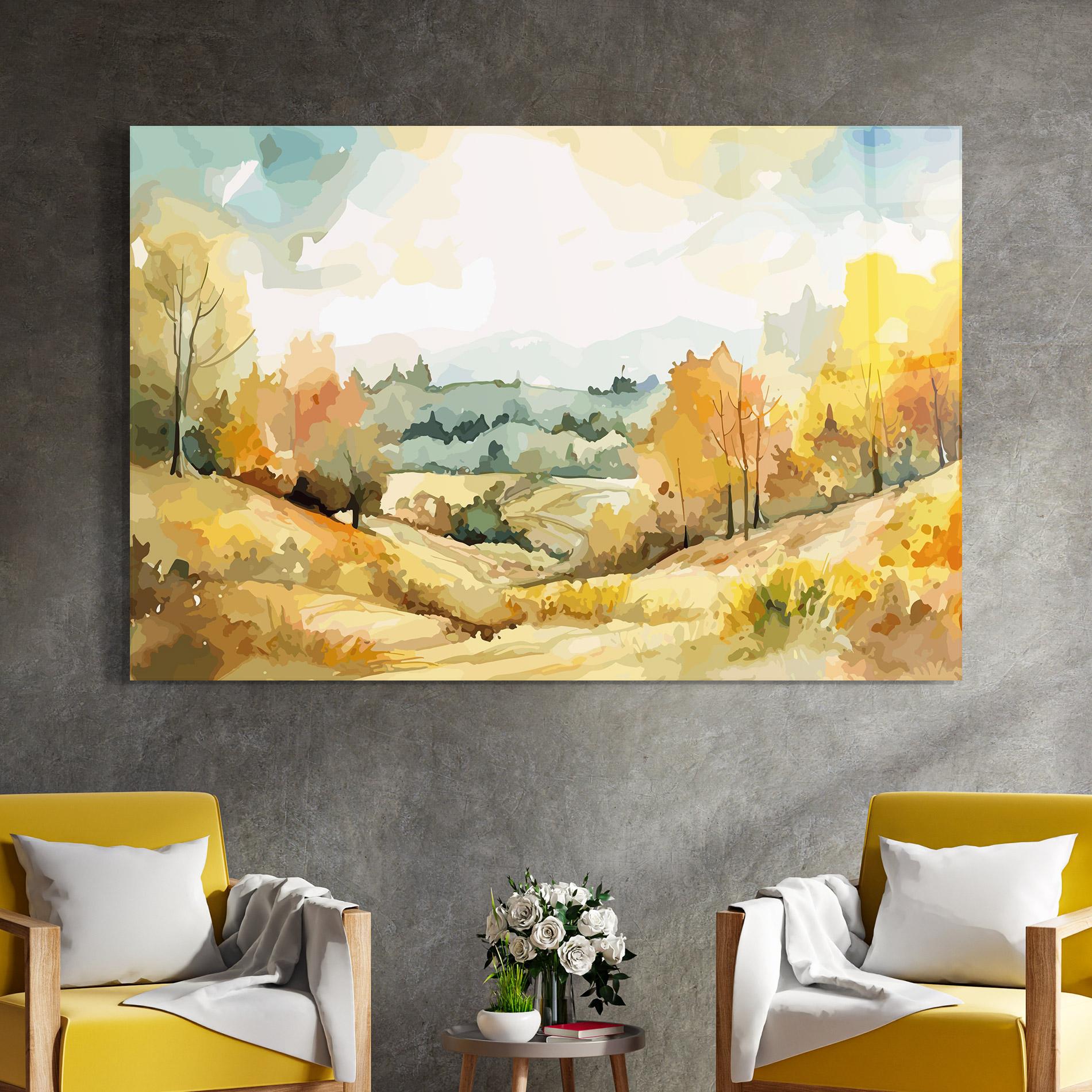 Glasbild Yellow Rural Trees mockup 4