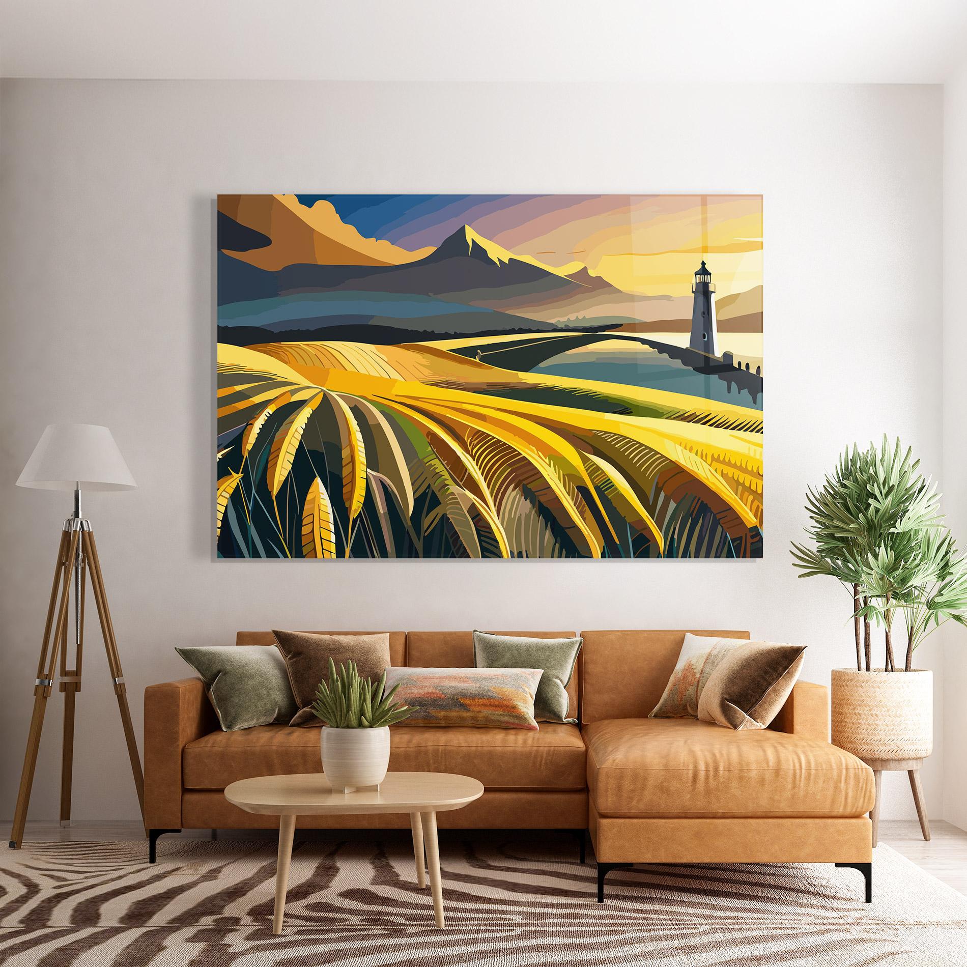 Glasbild Yellow Field Tower mockup 7