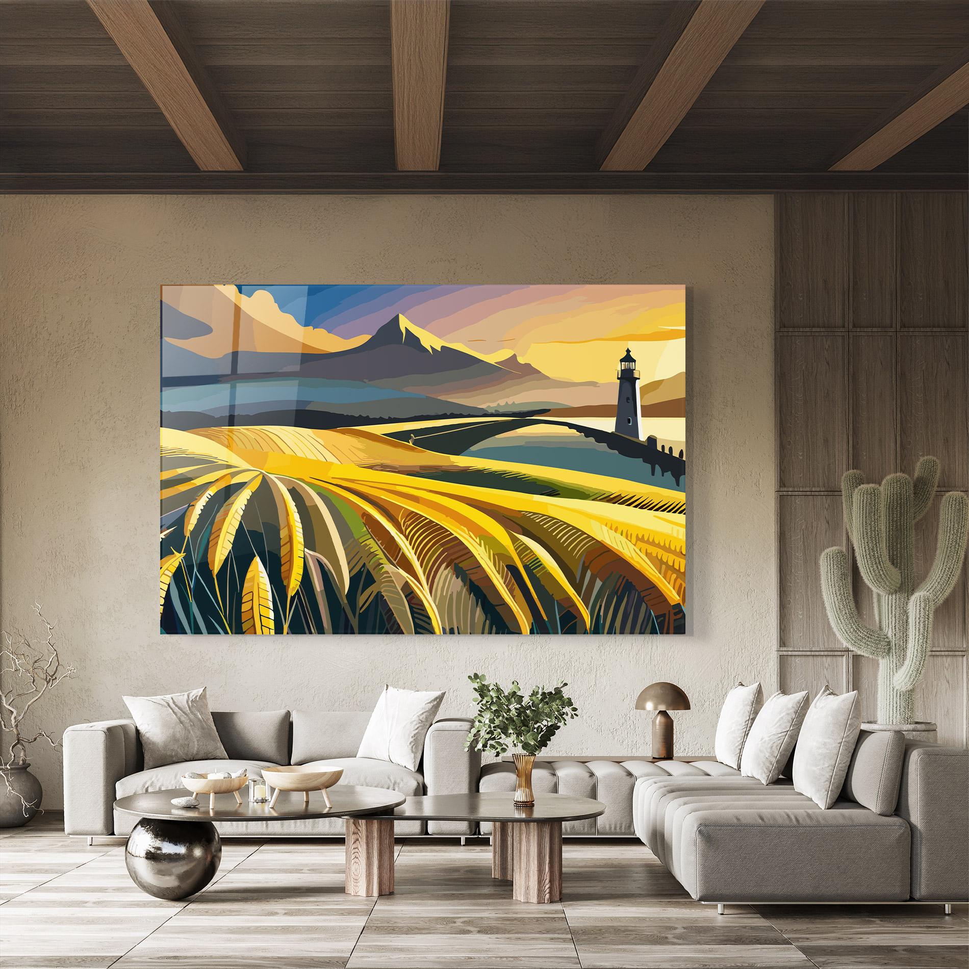 Glasbild Yellow Field Tower mockup 8