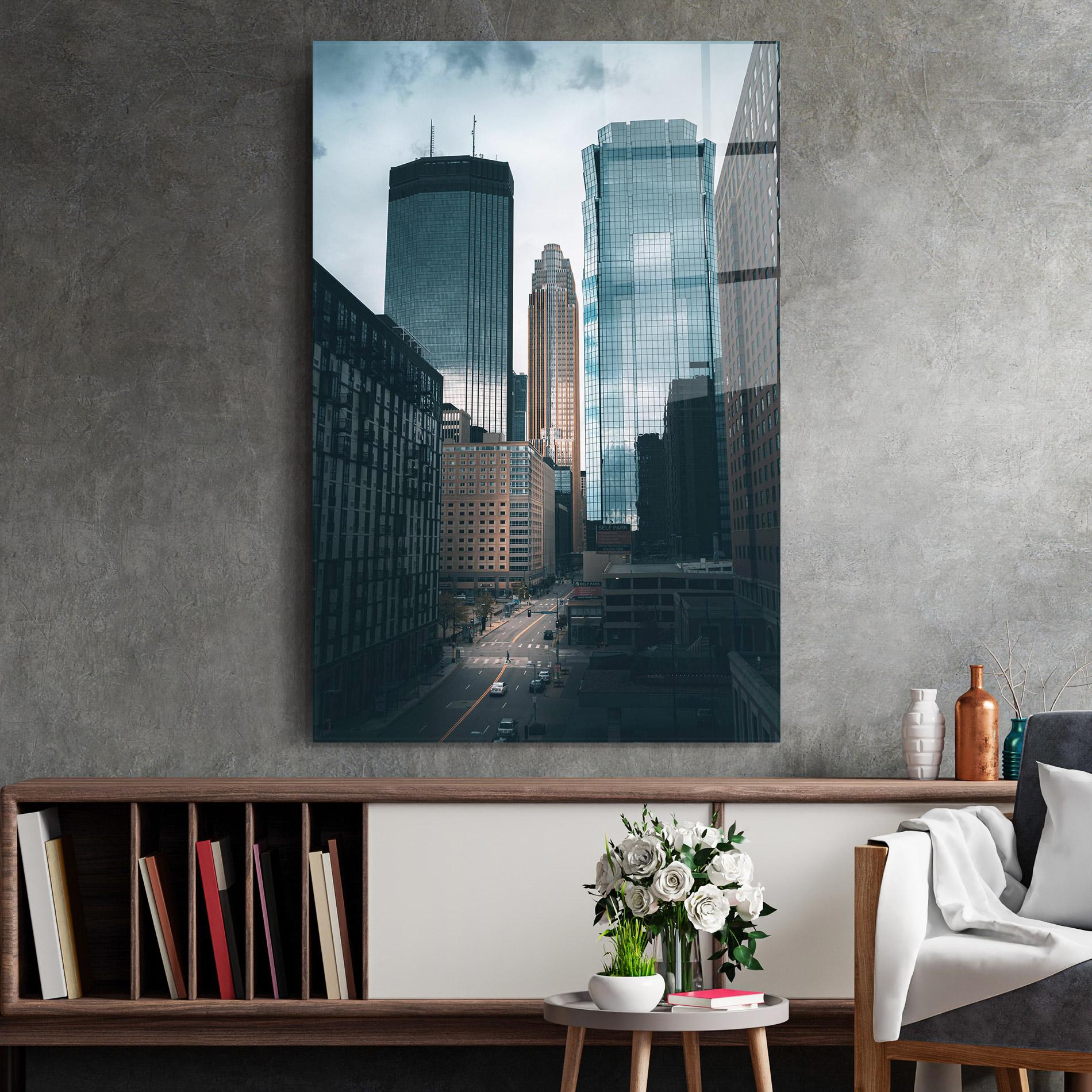 Glasbild Big Blue Building mockup 2