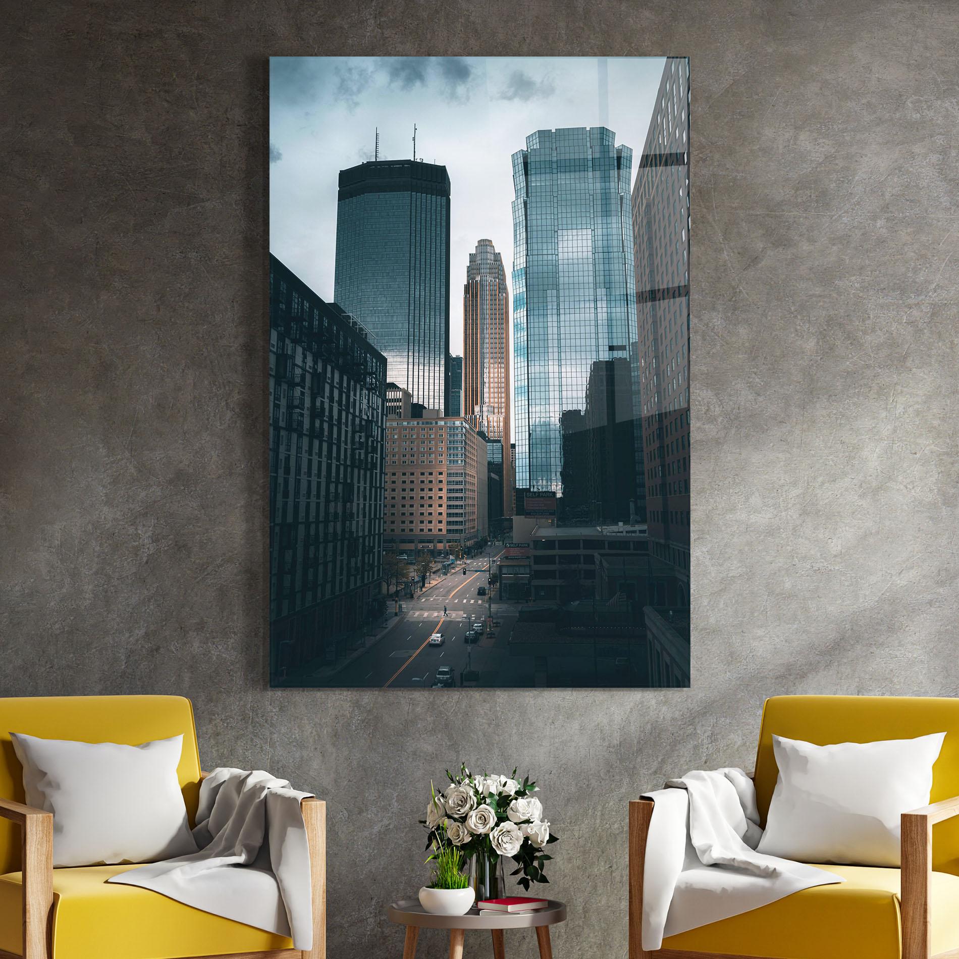 Glasbild Big Blue Building mockup 4