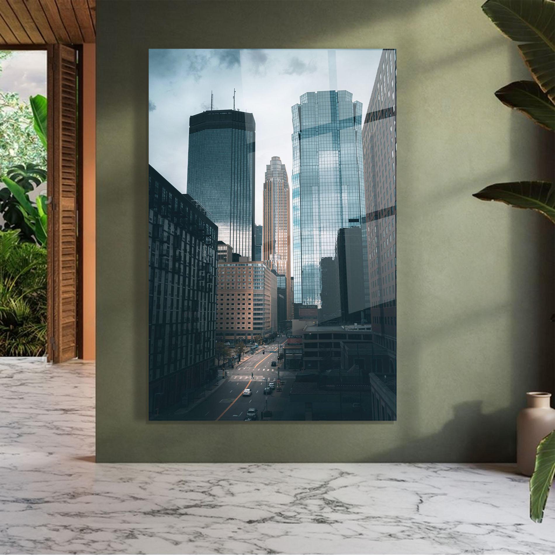 Glasbild Big Blue Building mockup 7