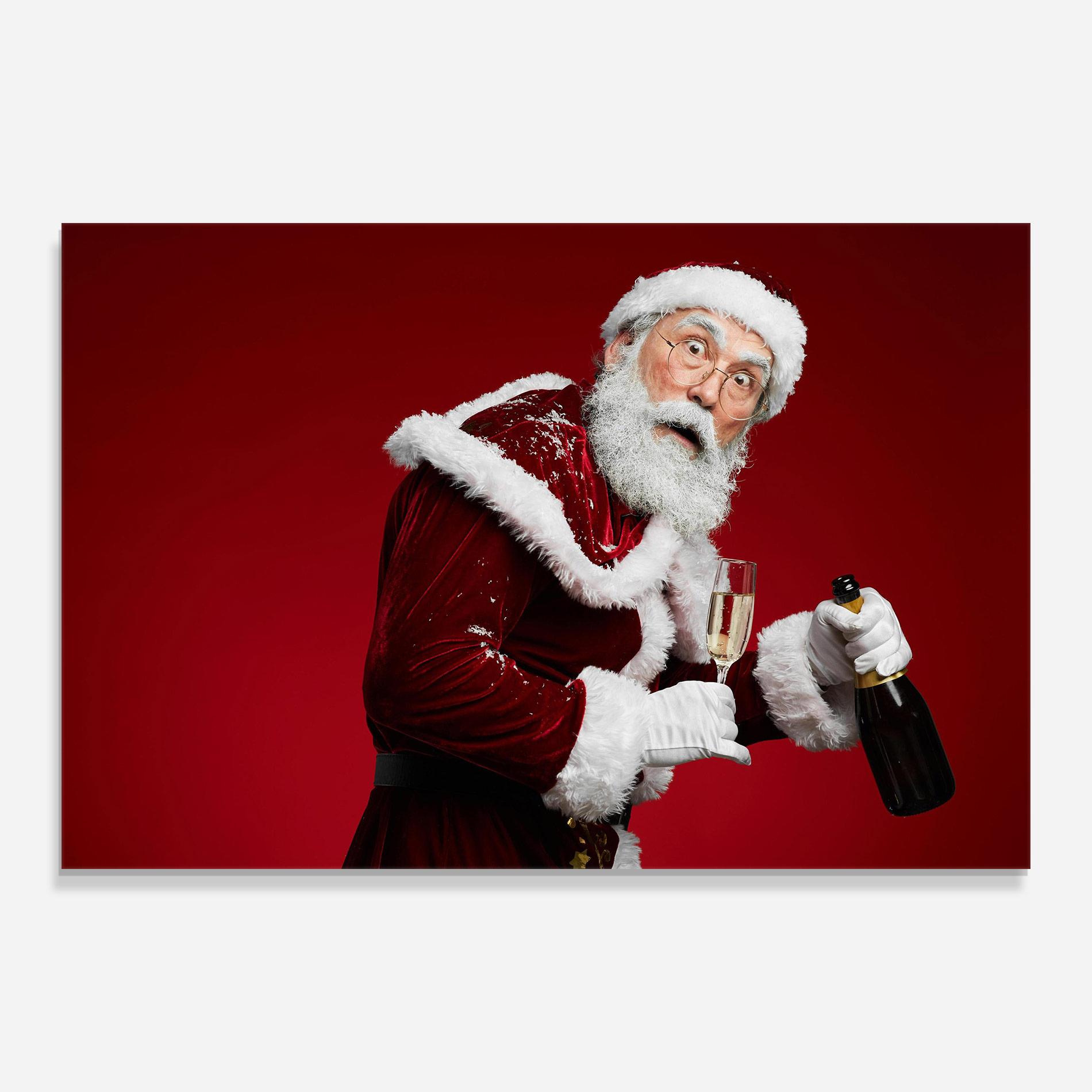 Glasbild Holding Champagne Santa mockup 0