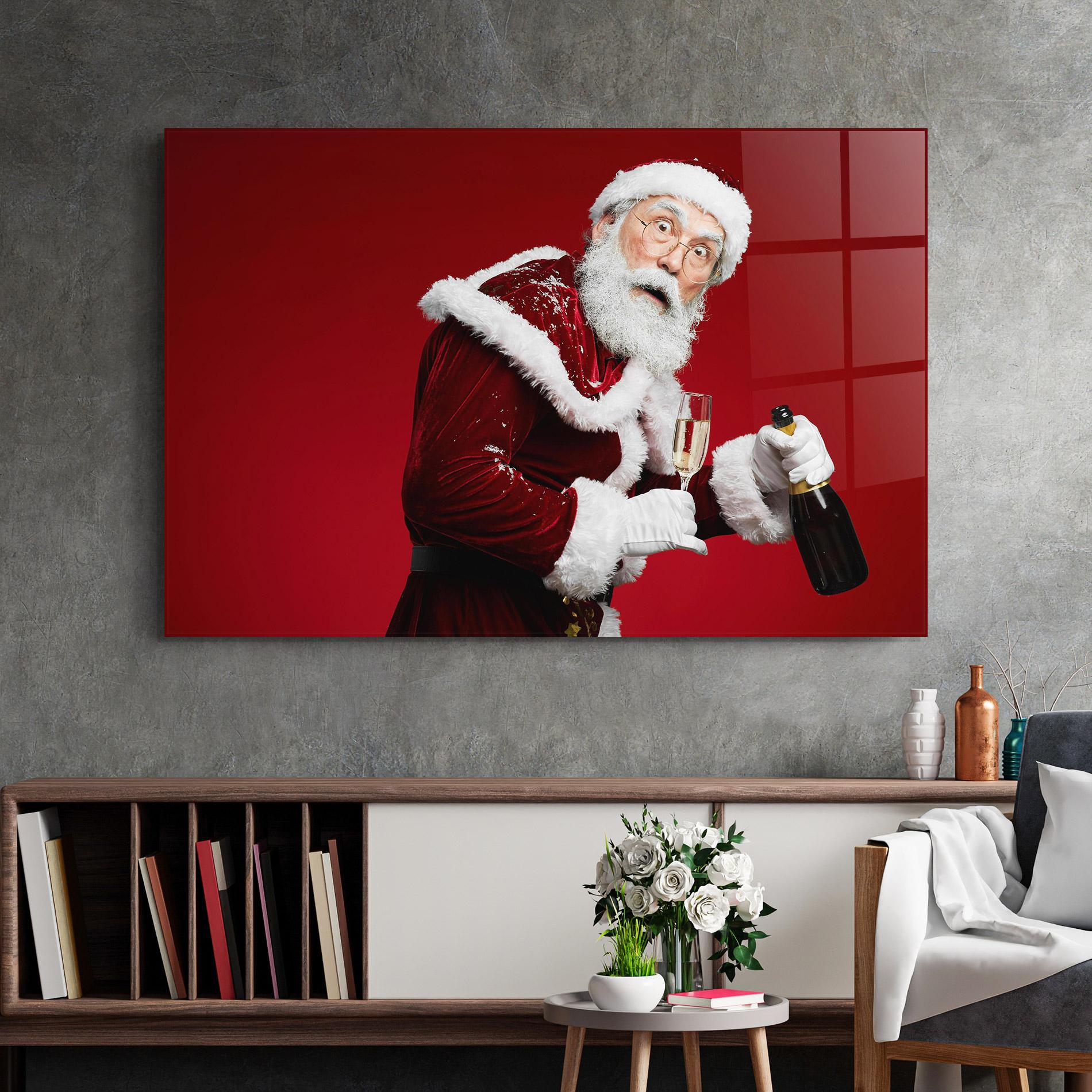 Glasbild Holding Champagne Santa mockup 2