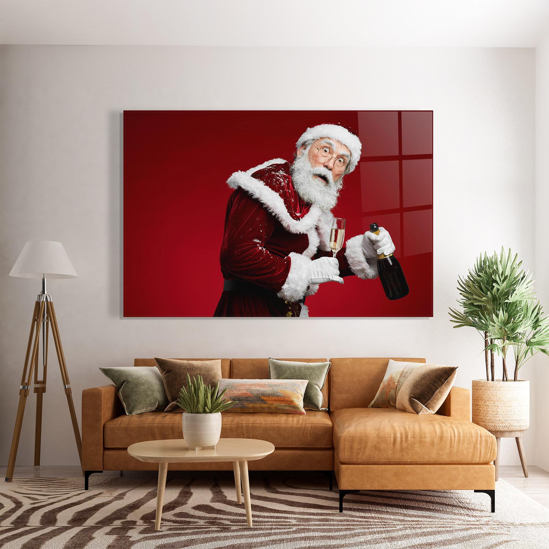 Glasbild Holding Champagne Santa mockup 7