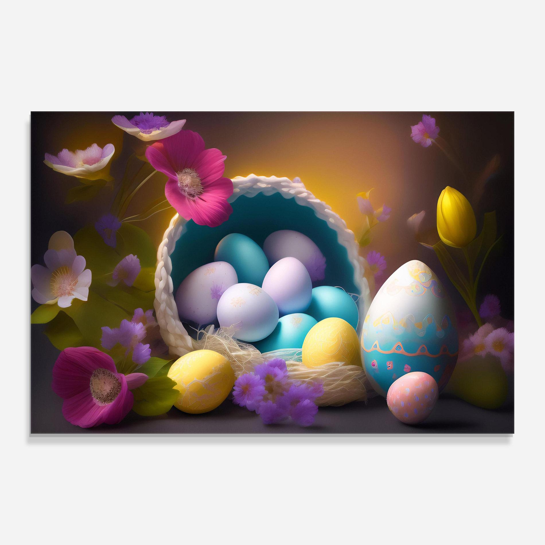 Glasbild Eggs Basket With Flowers mockup 0