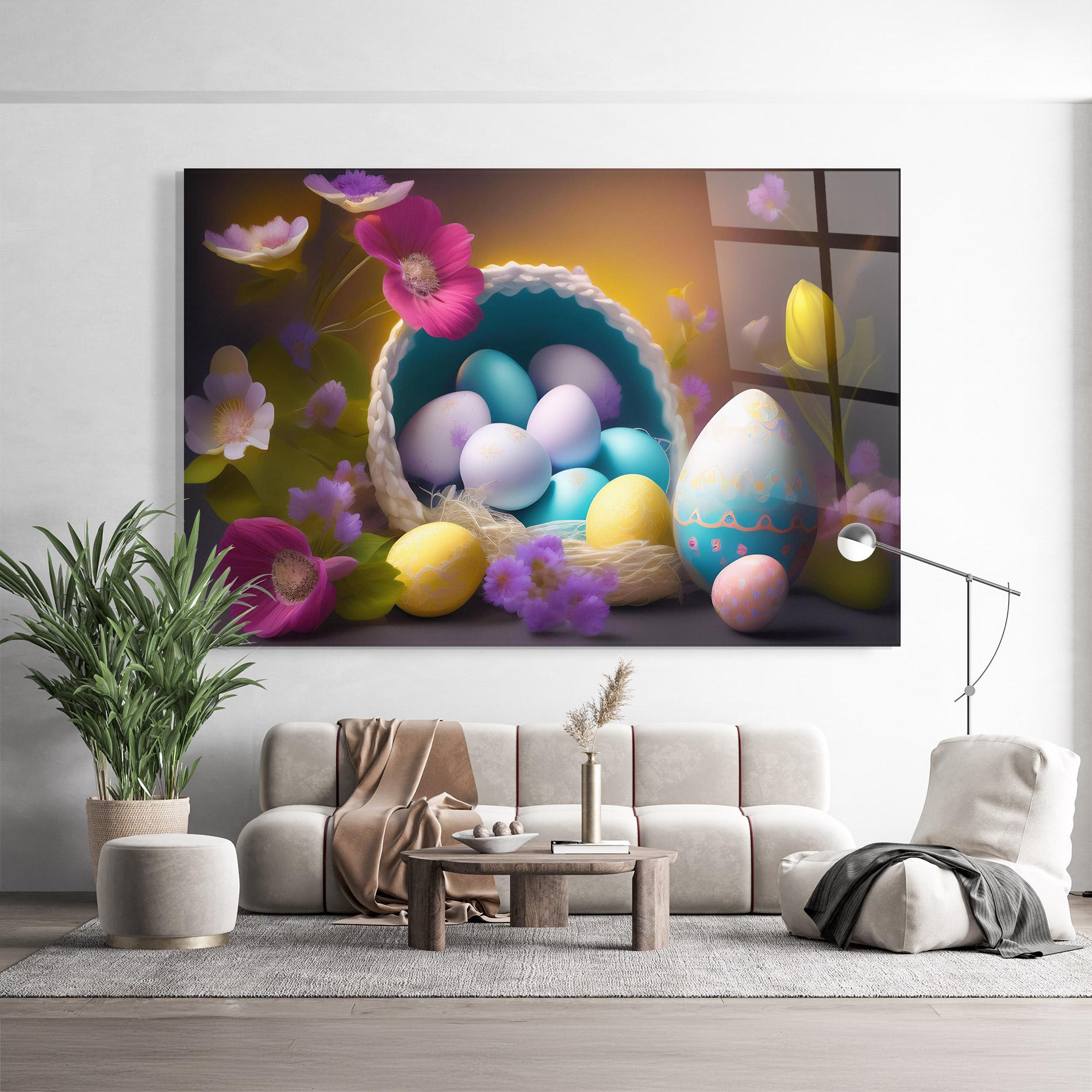 Glasbild Eggs Basket With Flowers mockup 9