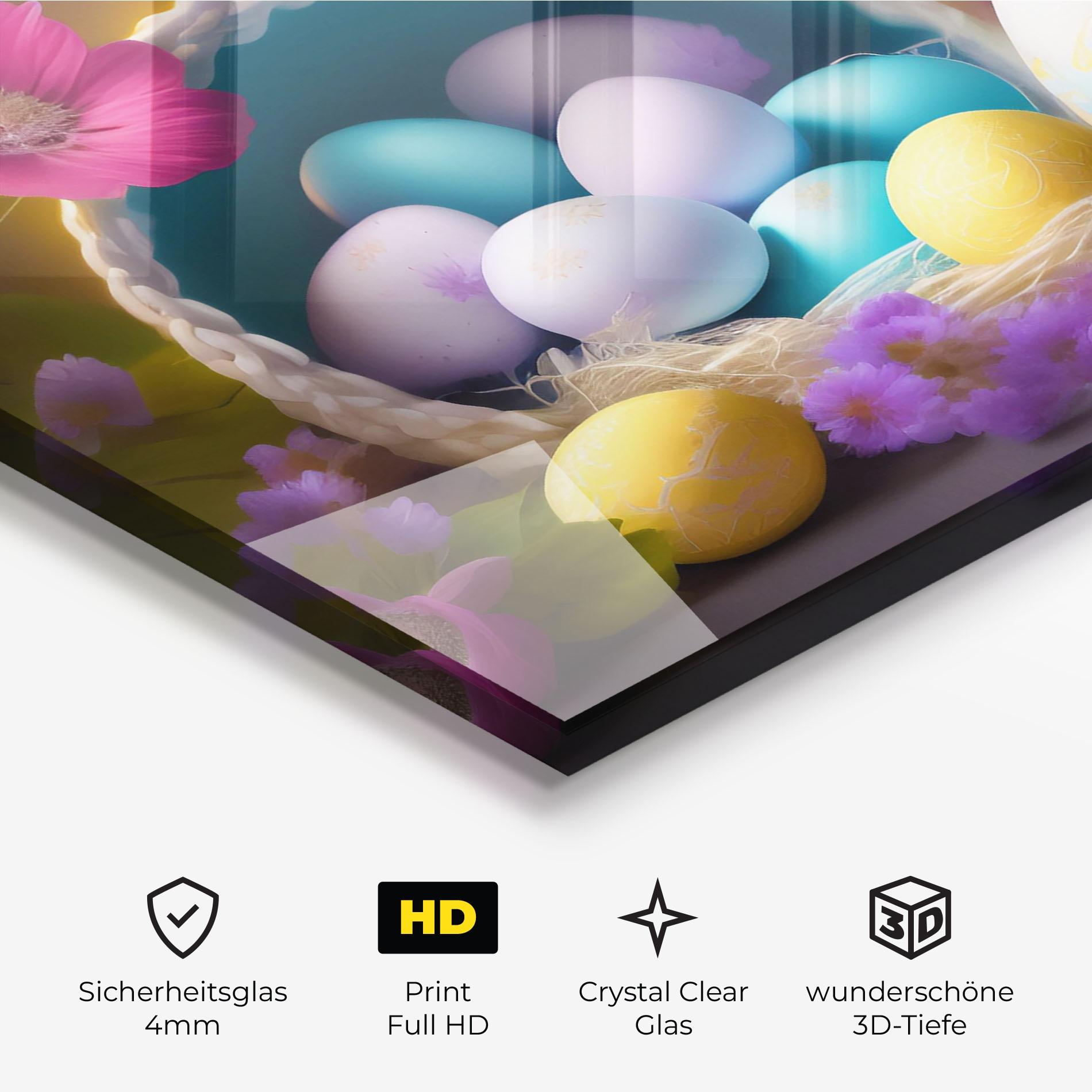 Glasbild Eggs Basket With Flowers mockup 3