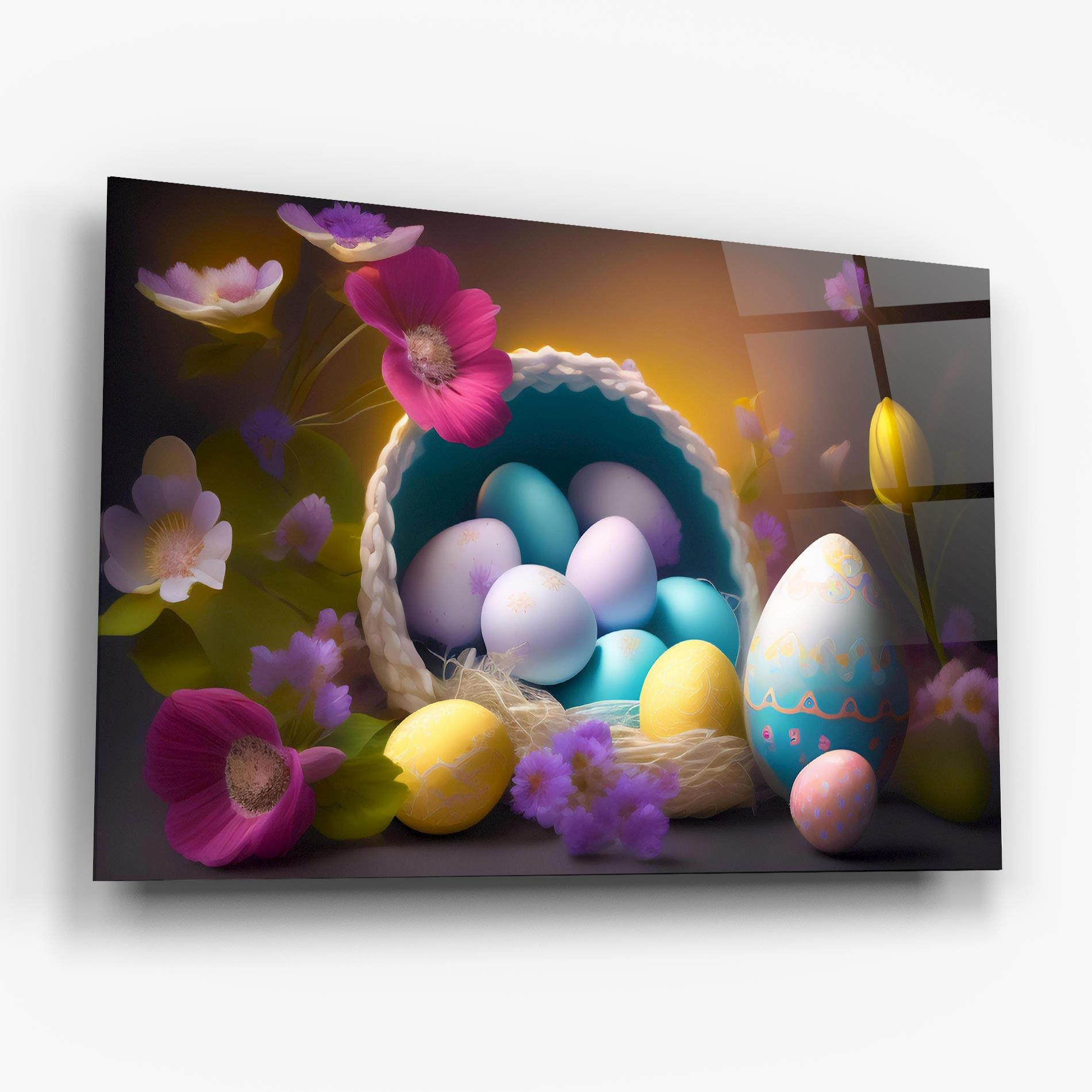 Glasbild Eggs Basket With Flowers mockup 6