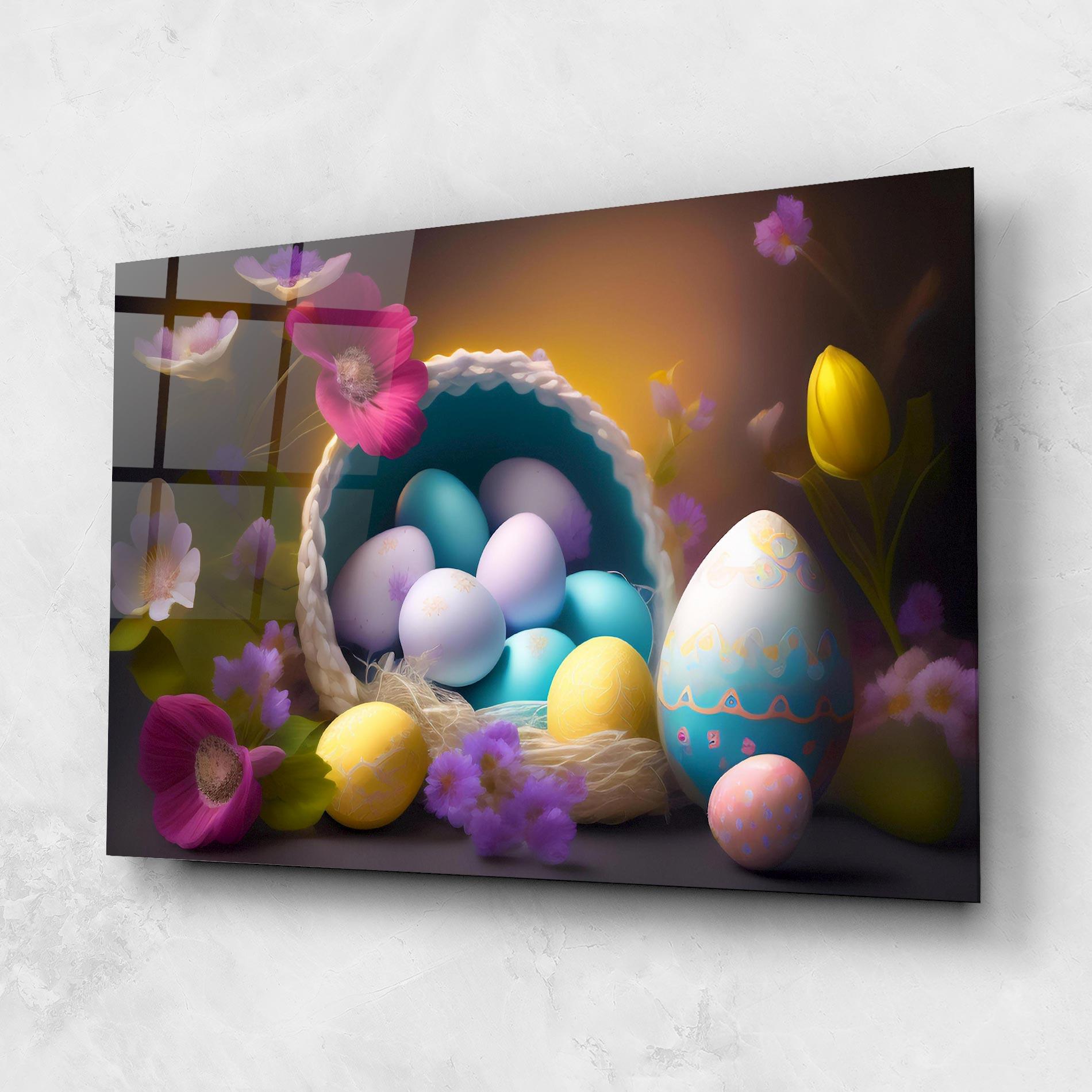 Glasbild Eggs Basket With Flowers mockup 1