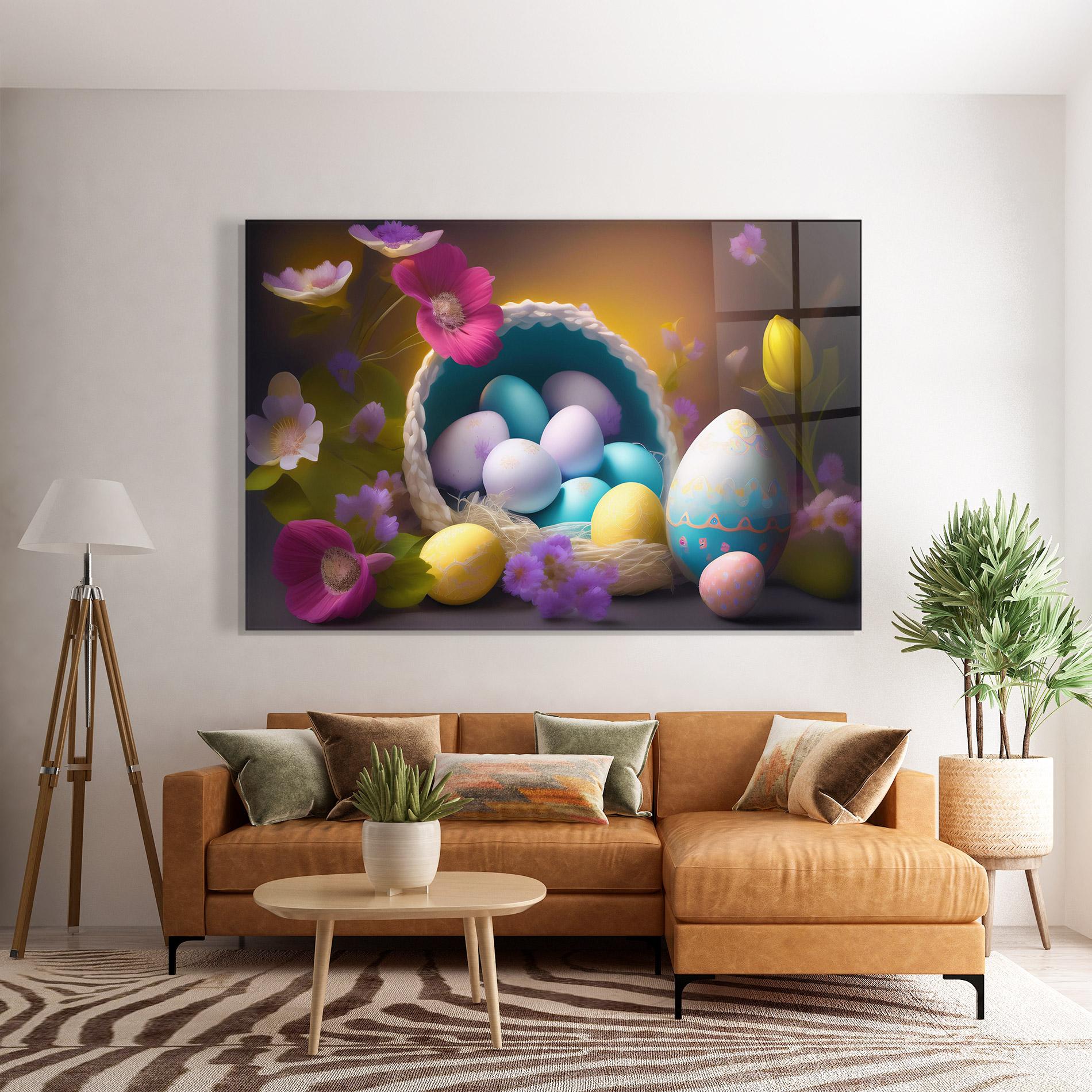 Glasbild Eggs Basket With Flowers mockup 7