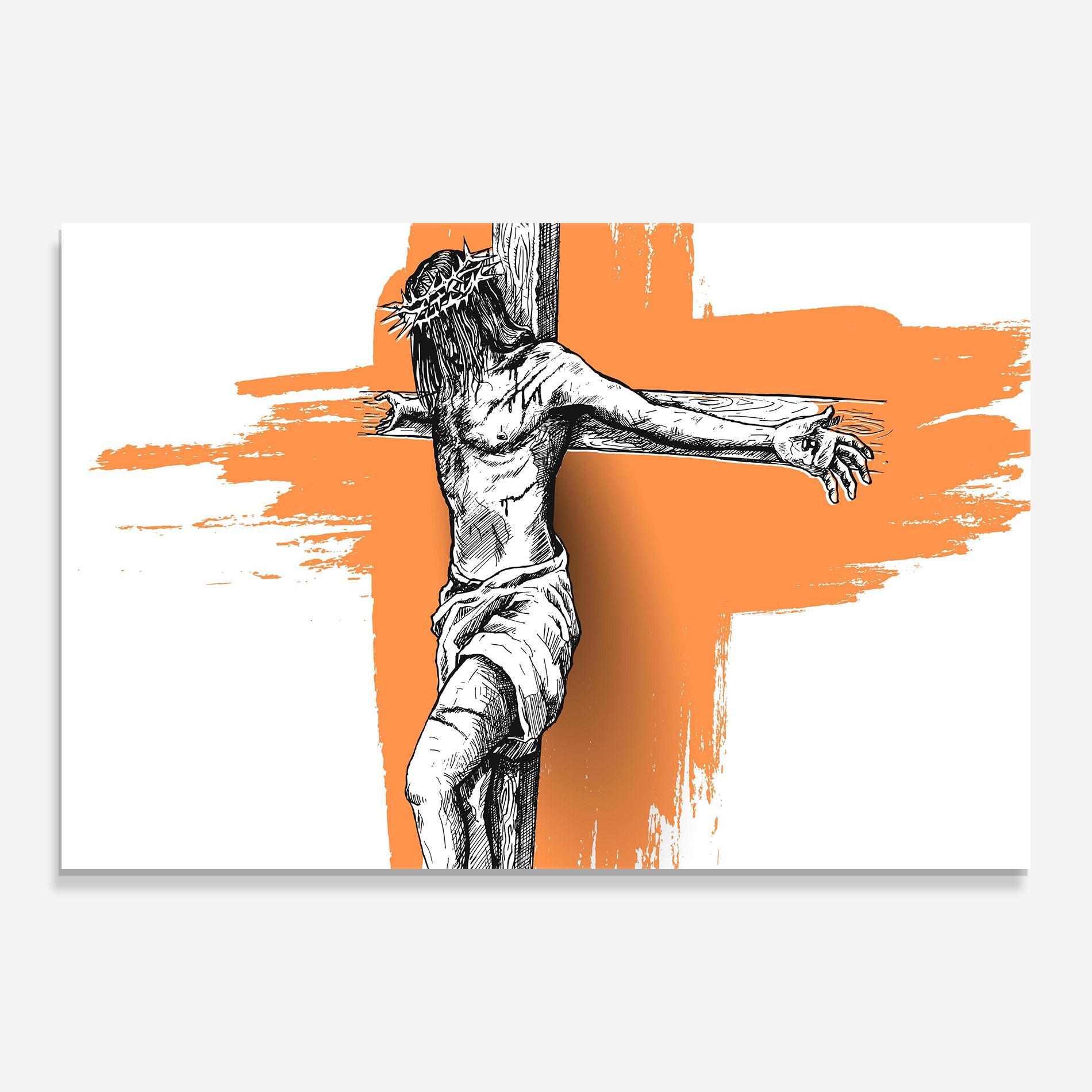 Glasbild Orange Art Jesus mockup 0