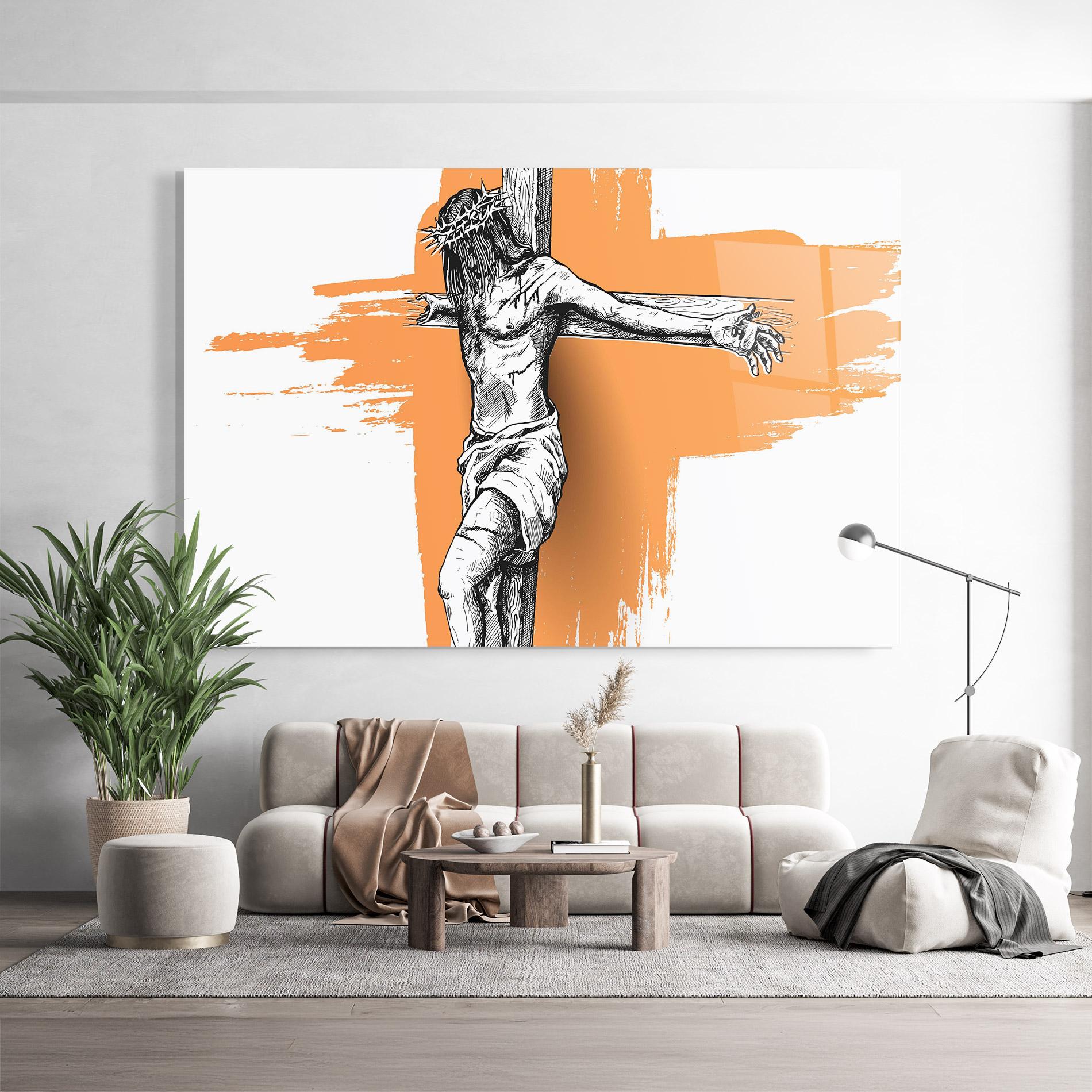 Glasbild Orange Art Jesus mockup 9