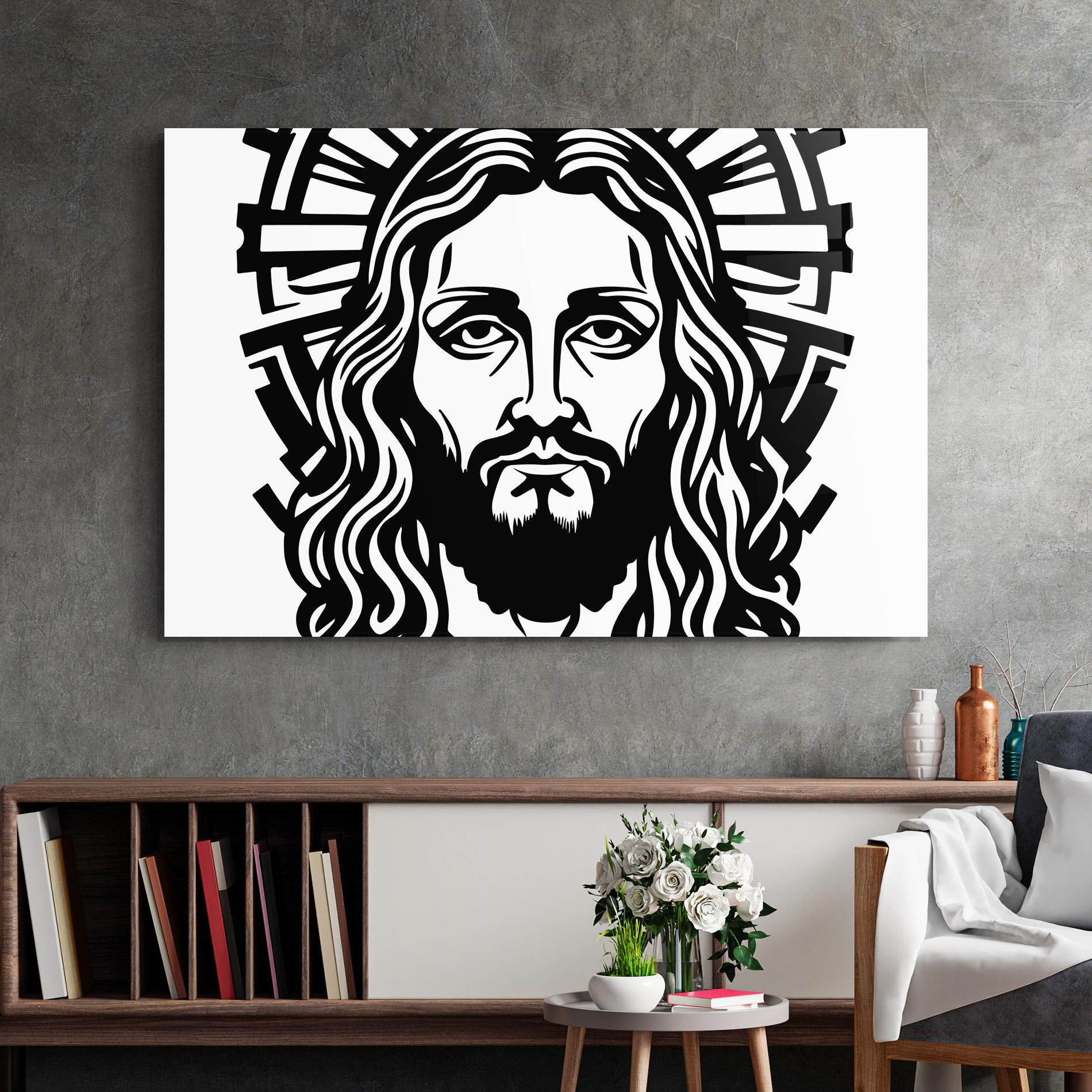 Glasbild Black Line Jesus mockup 2