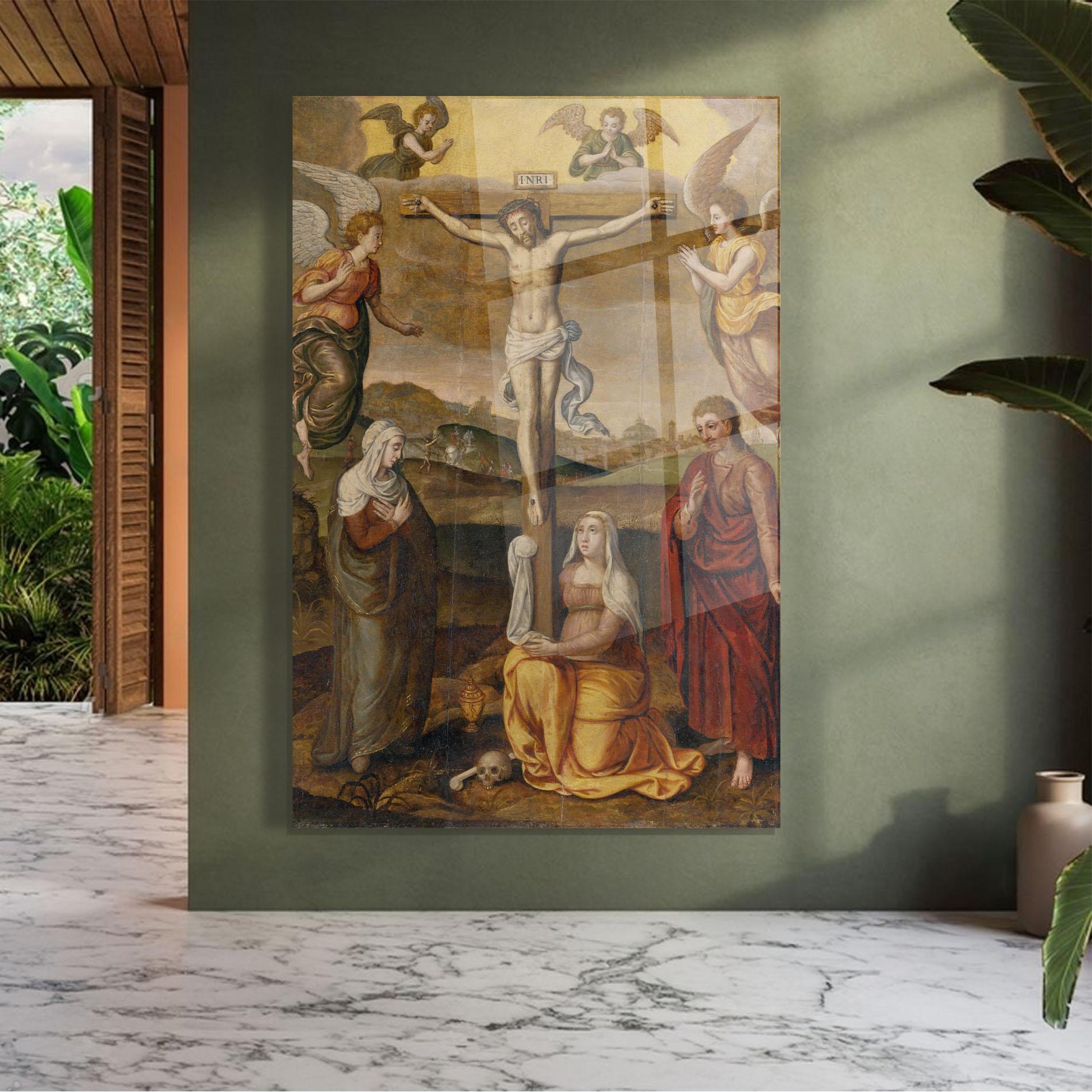 Glasbild Holding Cross Jesus mockup 7