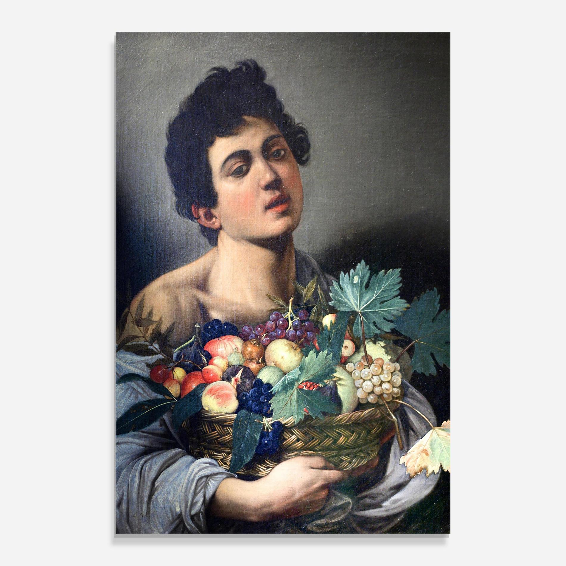 Glasbild Boy With A Basket Of Fruit mockup 0