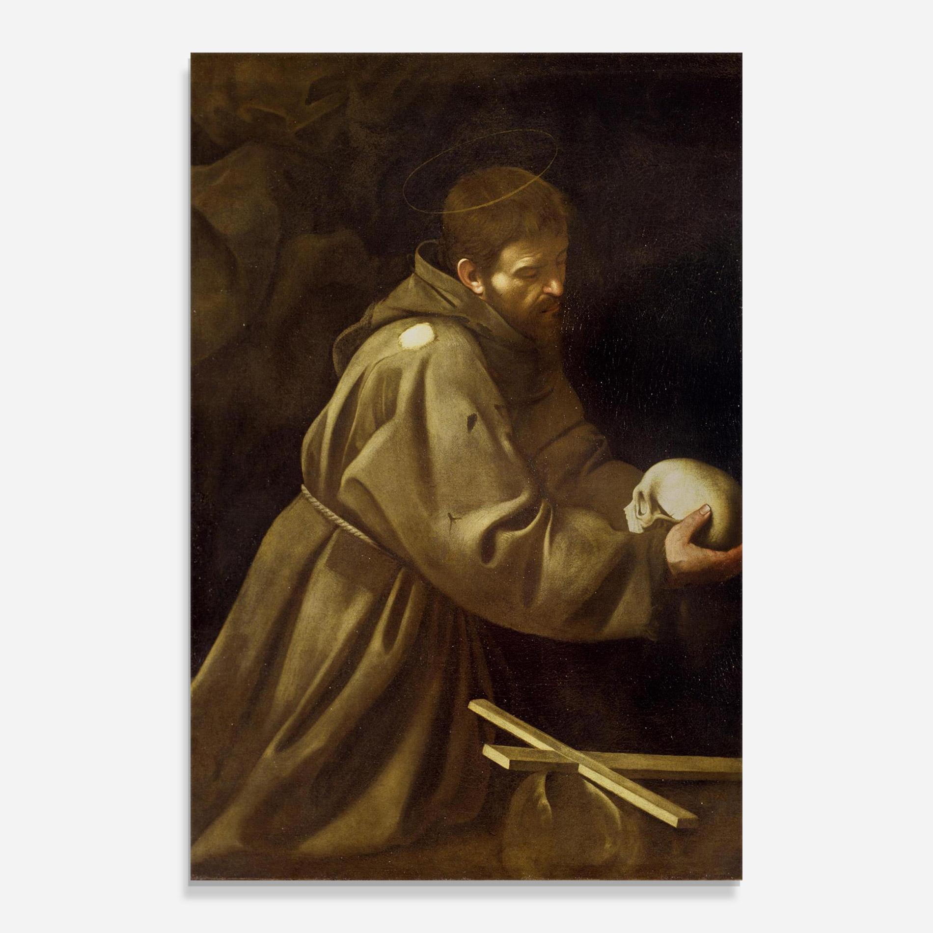 Glasbild Caravaggio Francis Prayer mockup 0