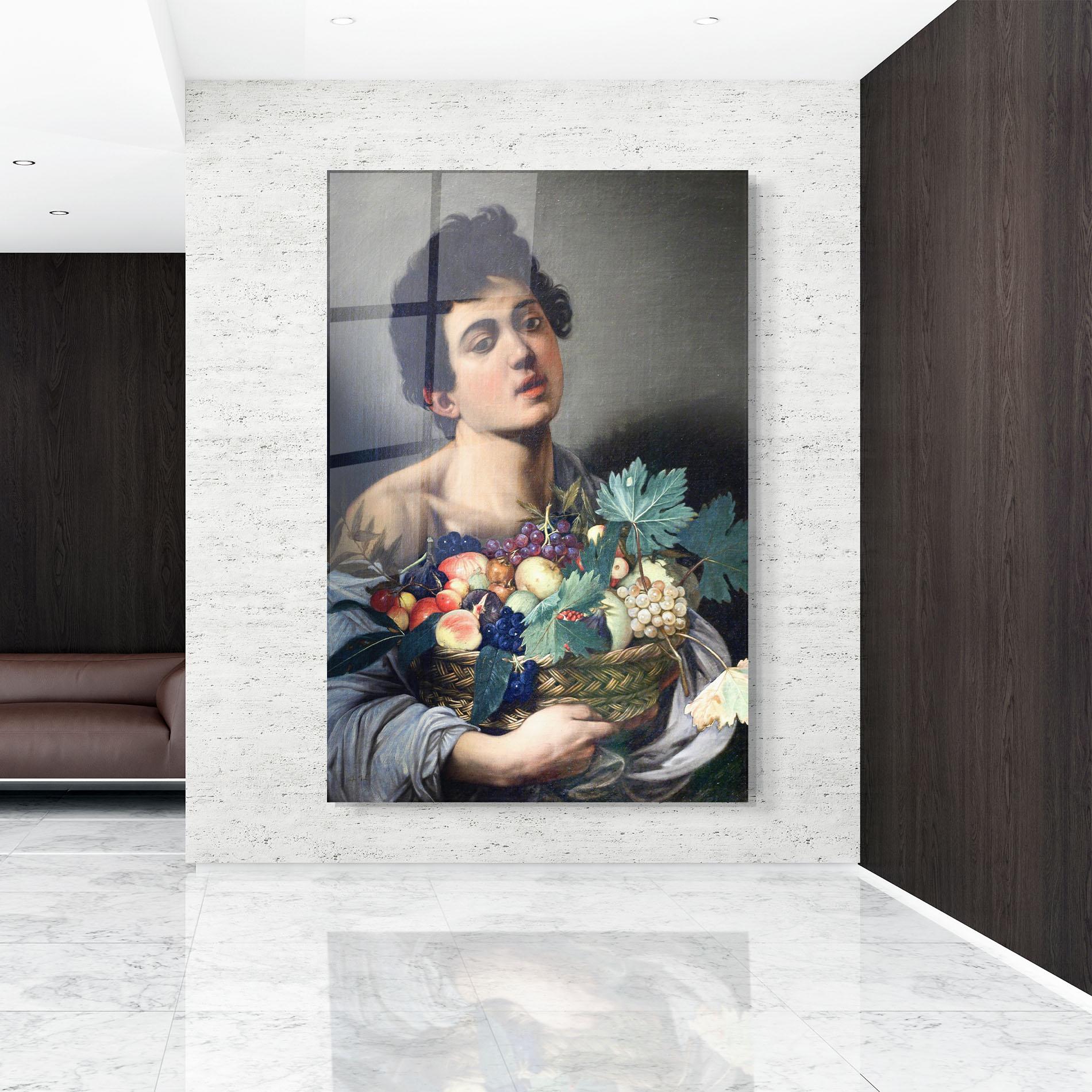 Glasbild Boy With A Basket Of Fruit mockup 9