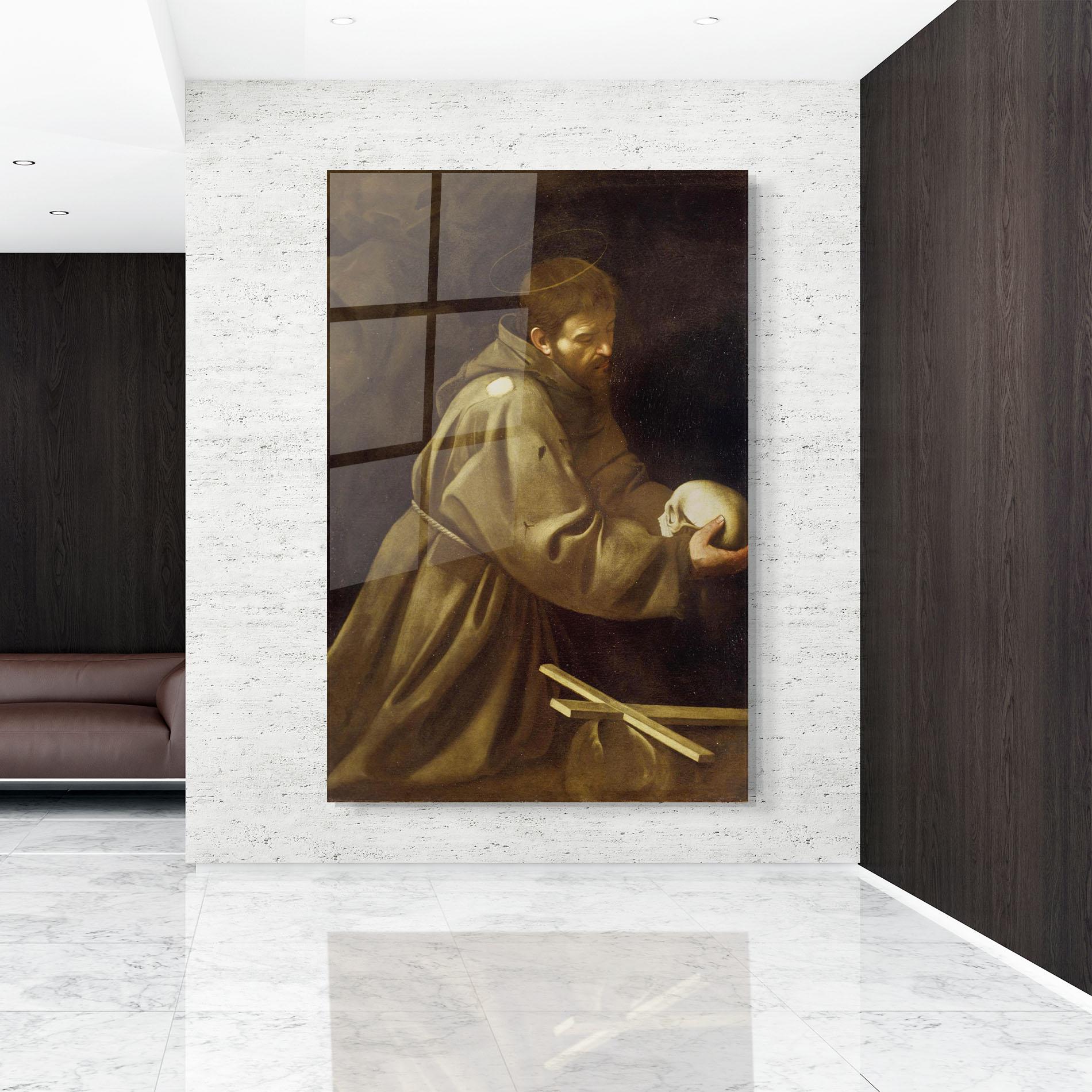 Glasbild Caravaggio Francis Prayer mockup 9