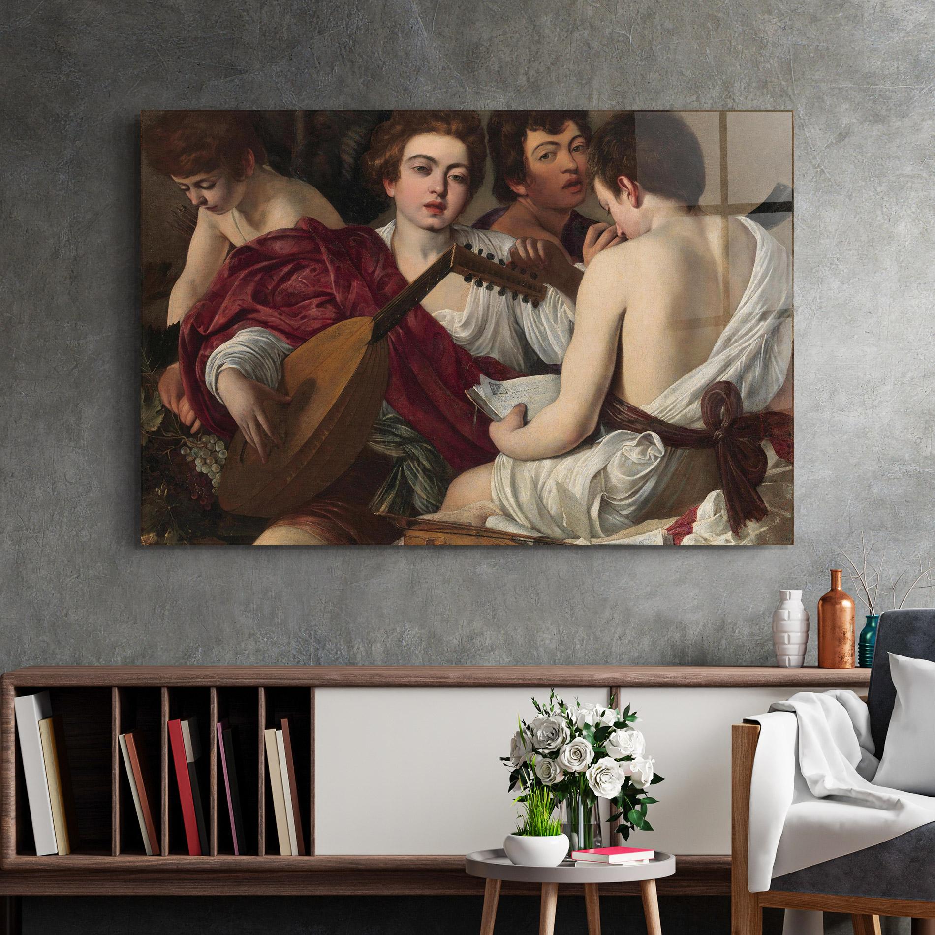 Glasbild Caravaggio Musici mockup 2