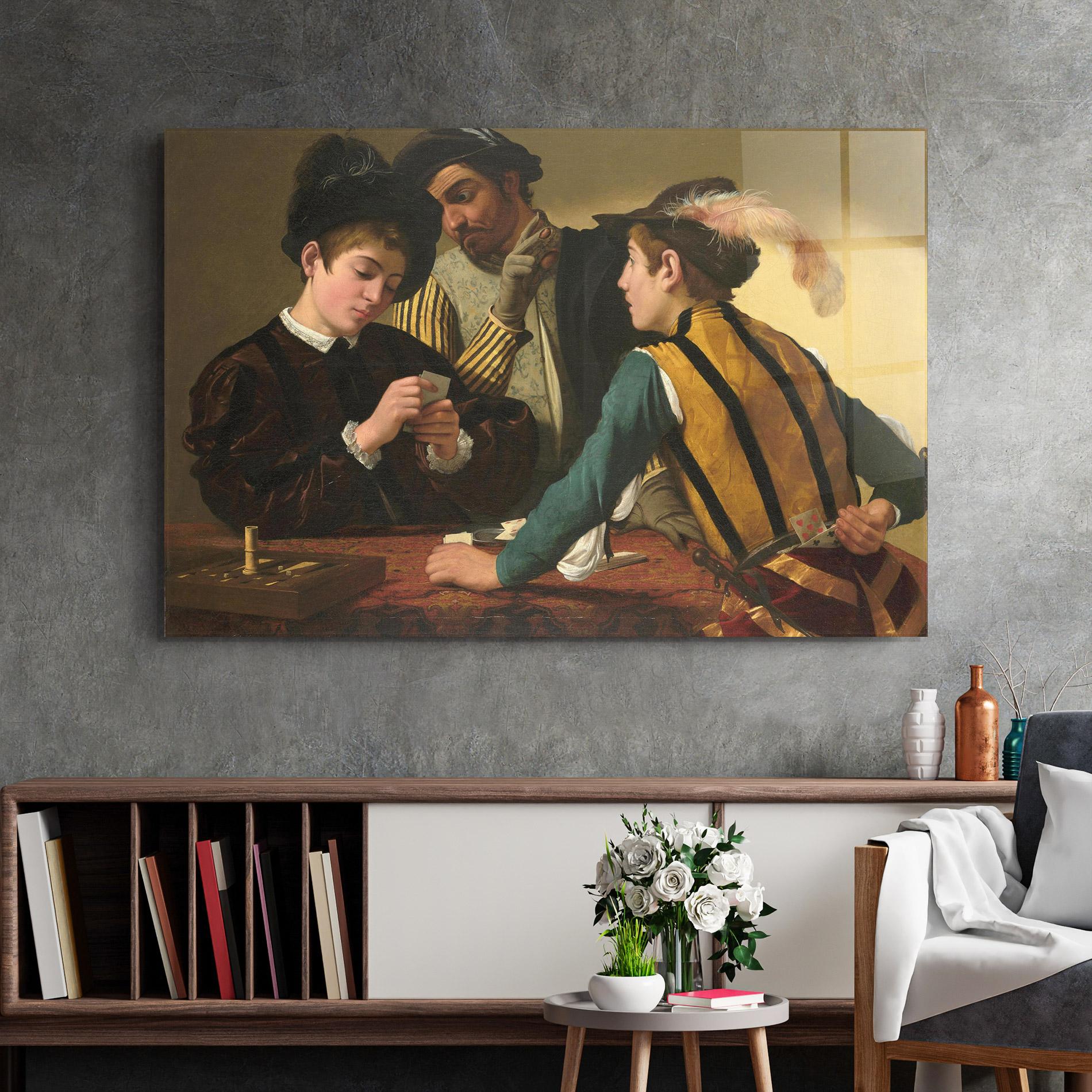 Glasbild Caravaggio The Cardsharps mockup 2