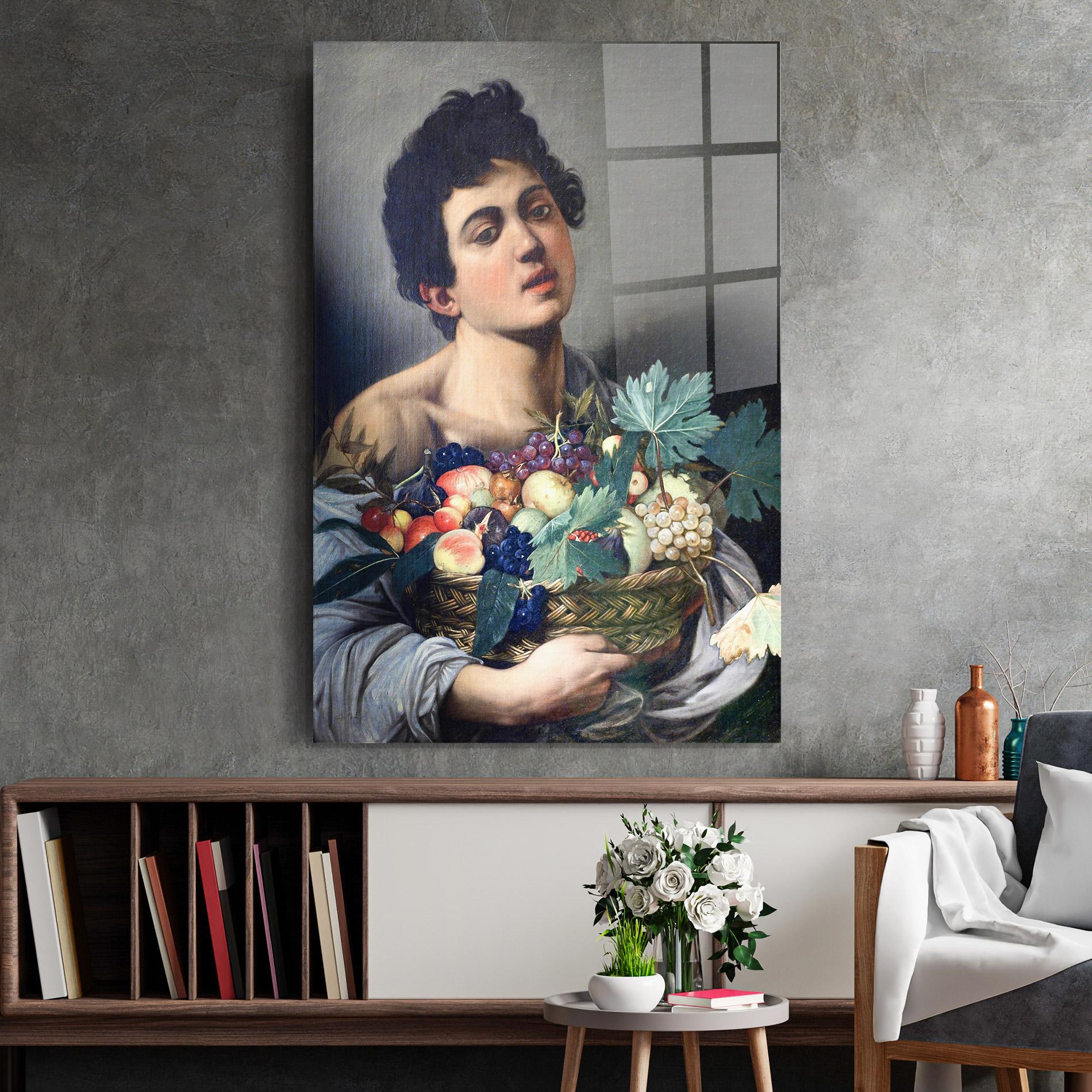 Glasbild Boy With A Basket Of Fruit mockup 2