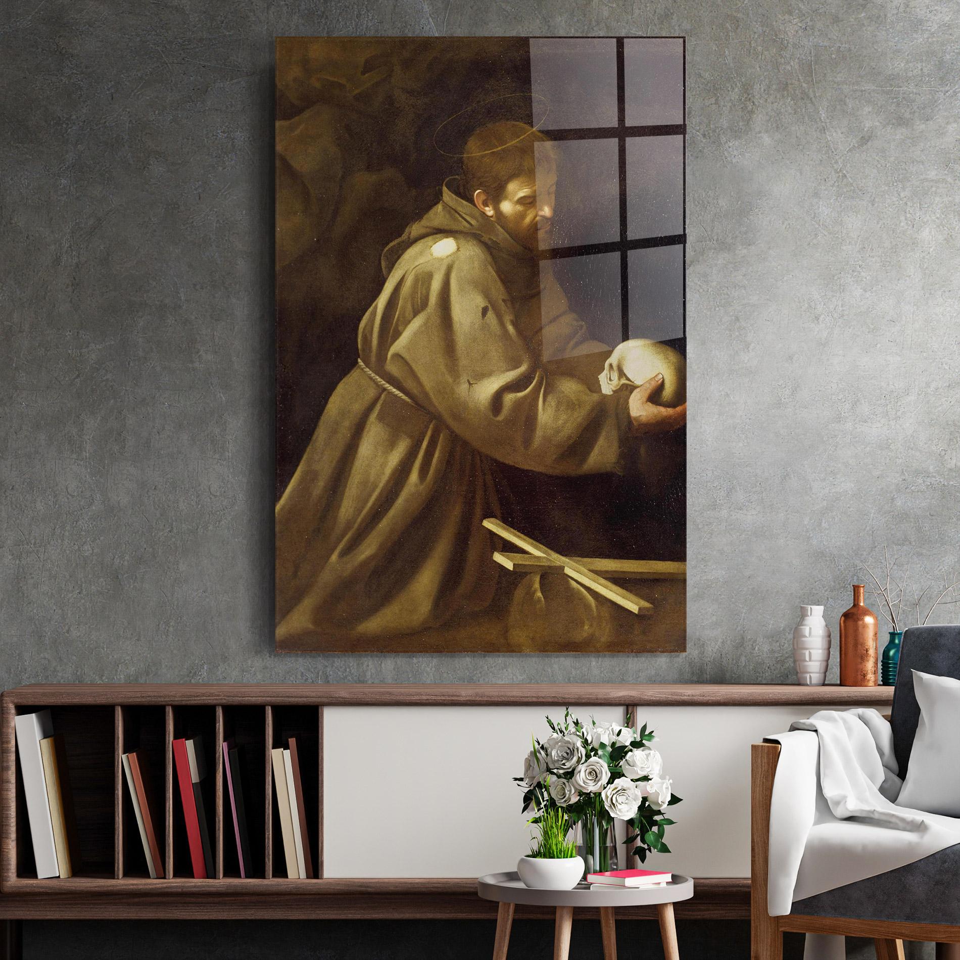 Glasbild Caravaggio Francis Prayer mockup 2