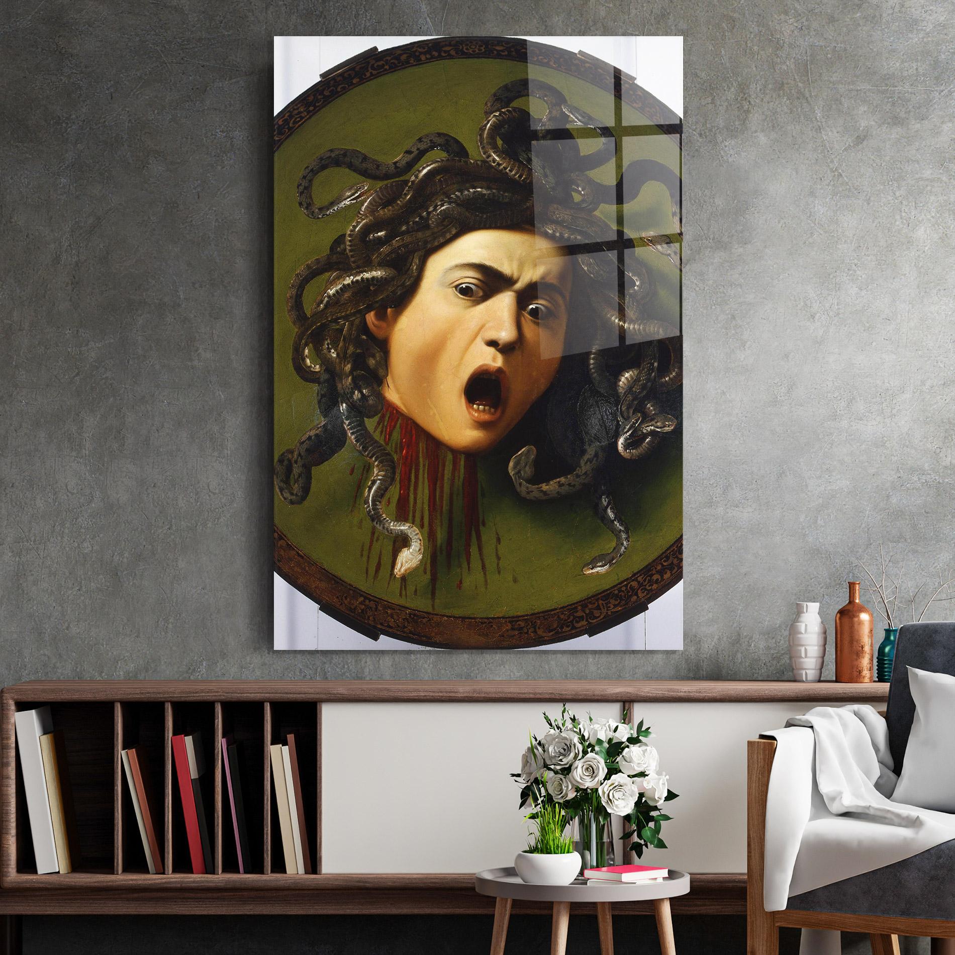 Glasbild Caravaggio Medusa mockup 2