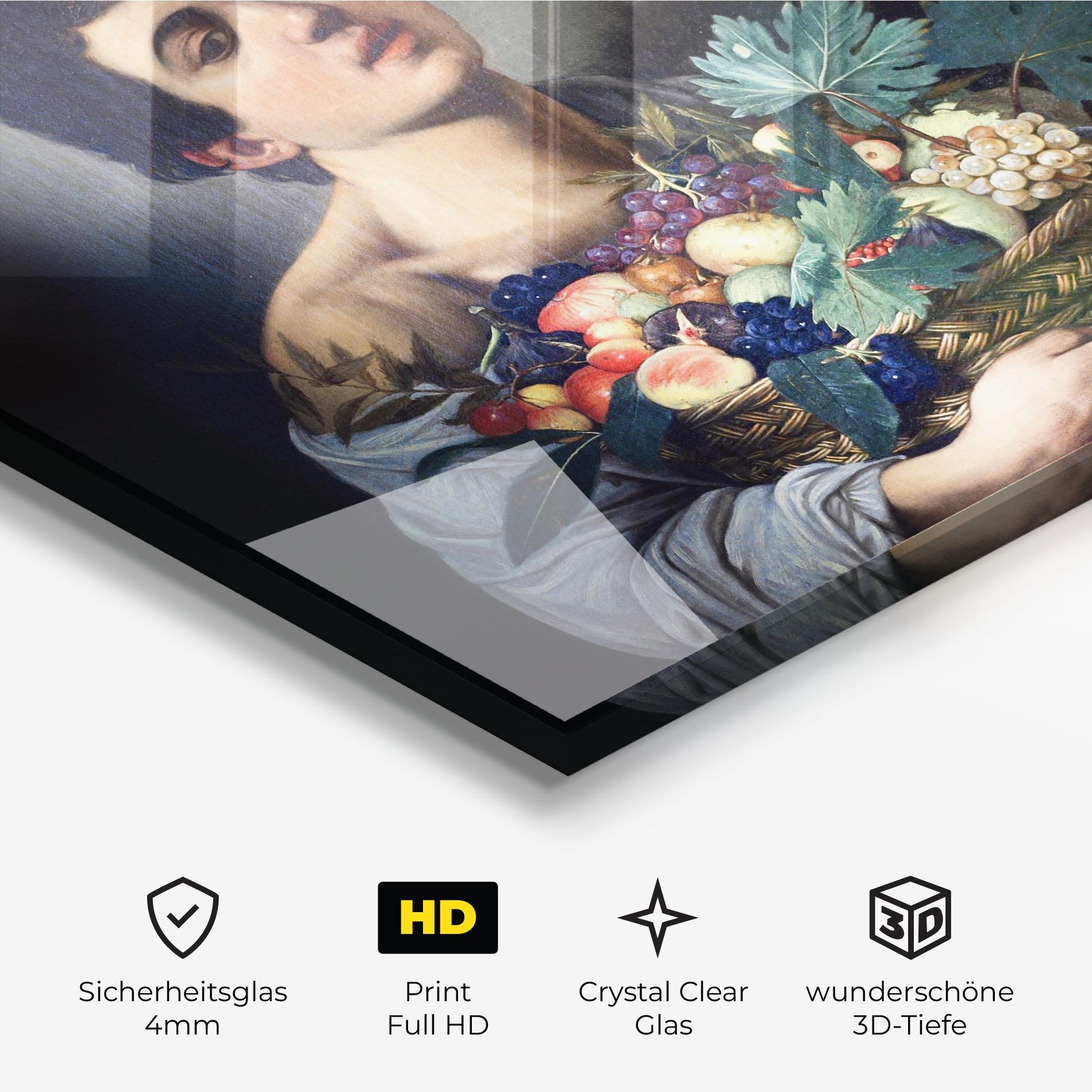 Glasbild Boy With A Basket Of Fruit mockup 3