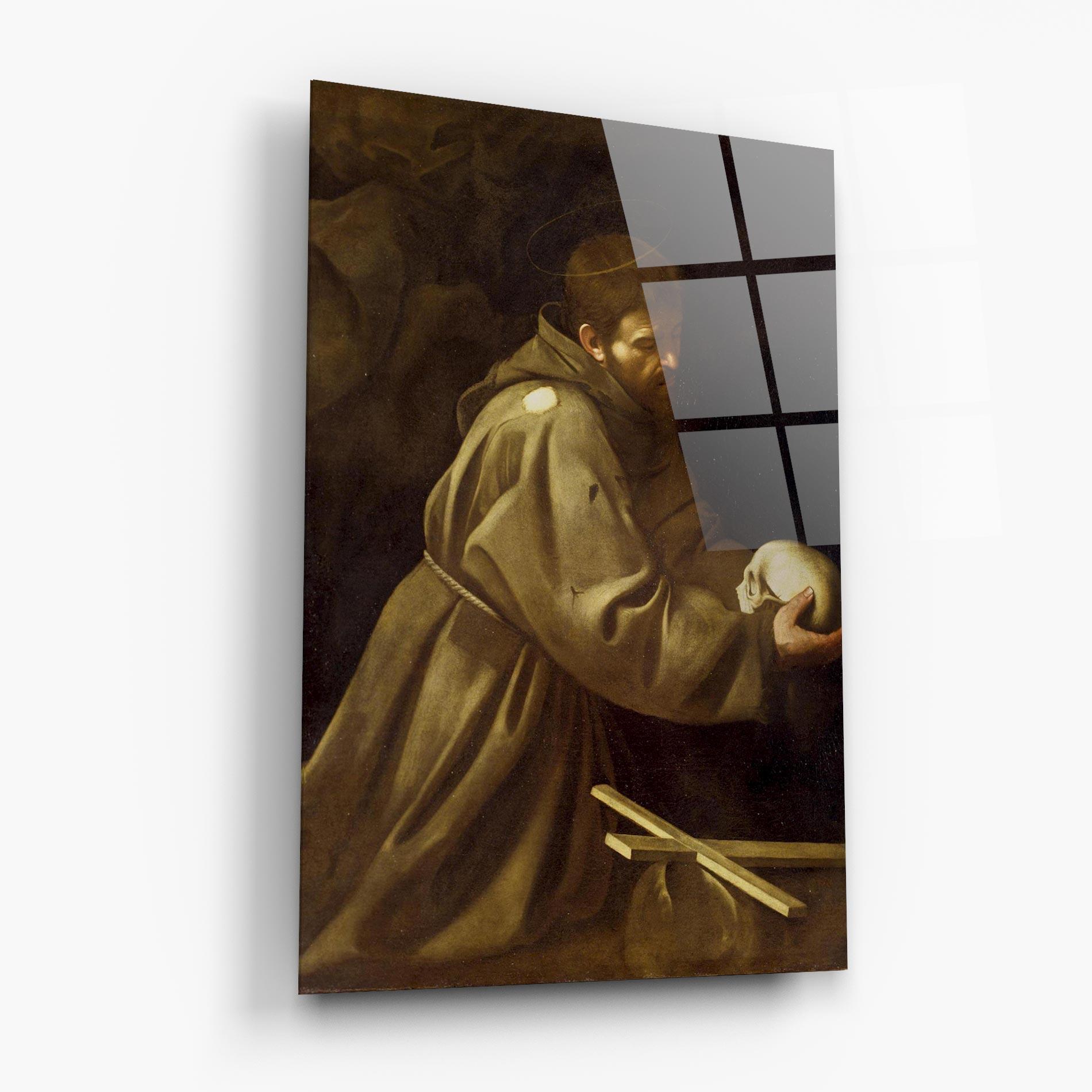 Glasbild Caravaggio Francis Prayer mockup 6