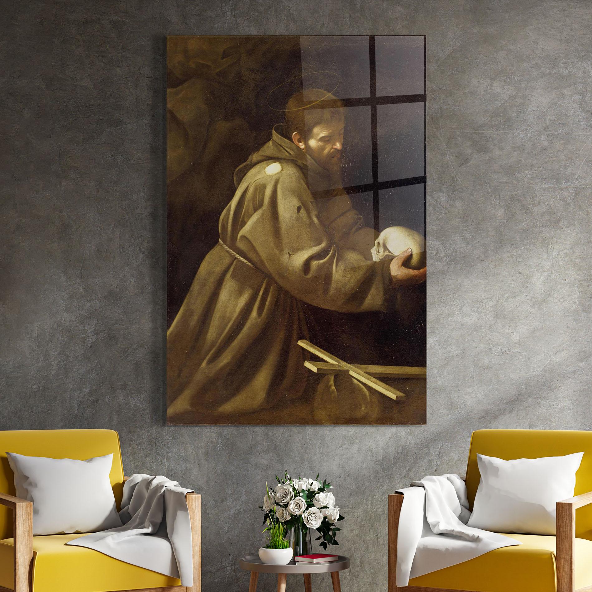 Glasbild Caravaggio Francis Prayer mockup 4