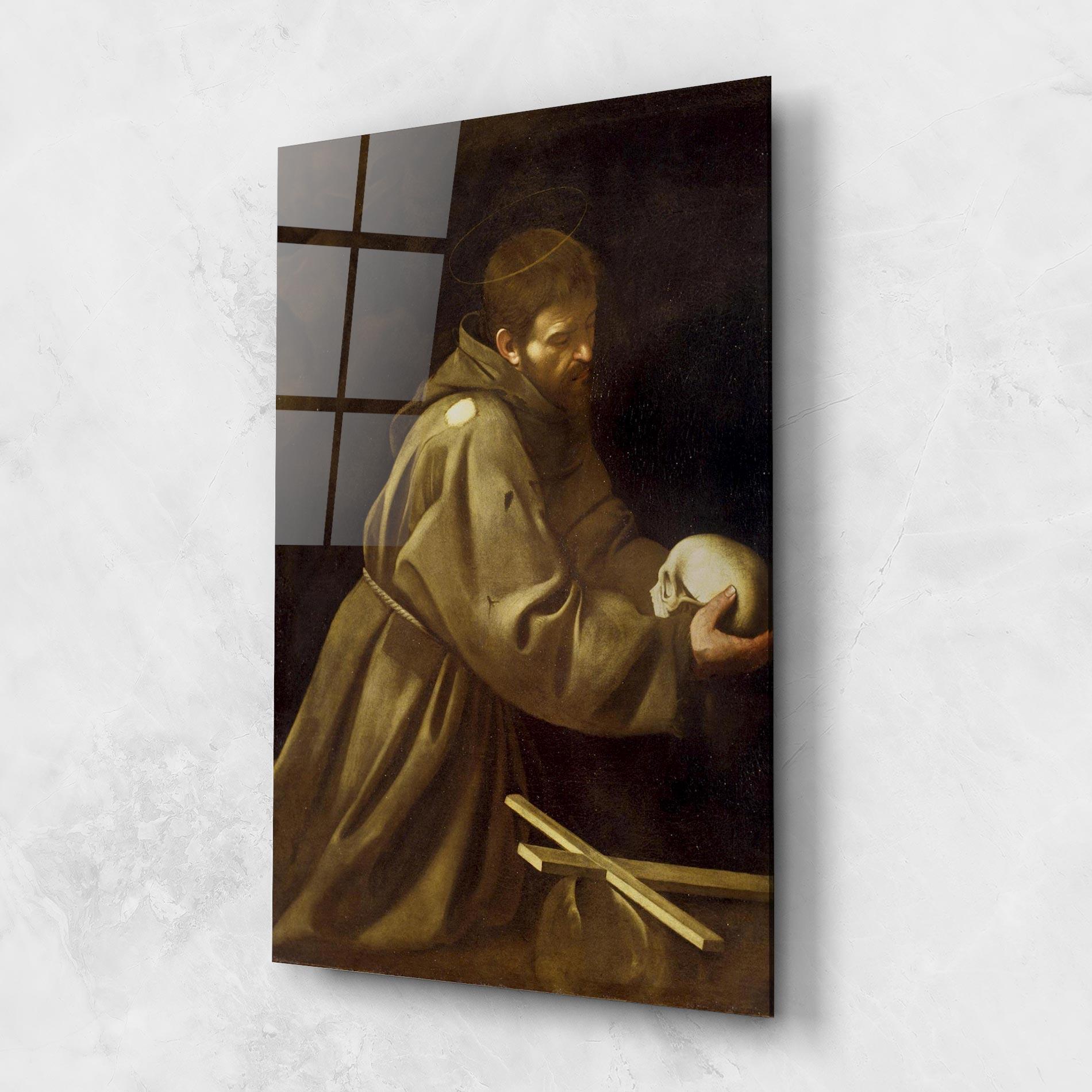 Glasbild Caravaggio Francis Prayer mockup 1