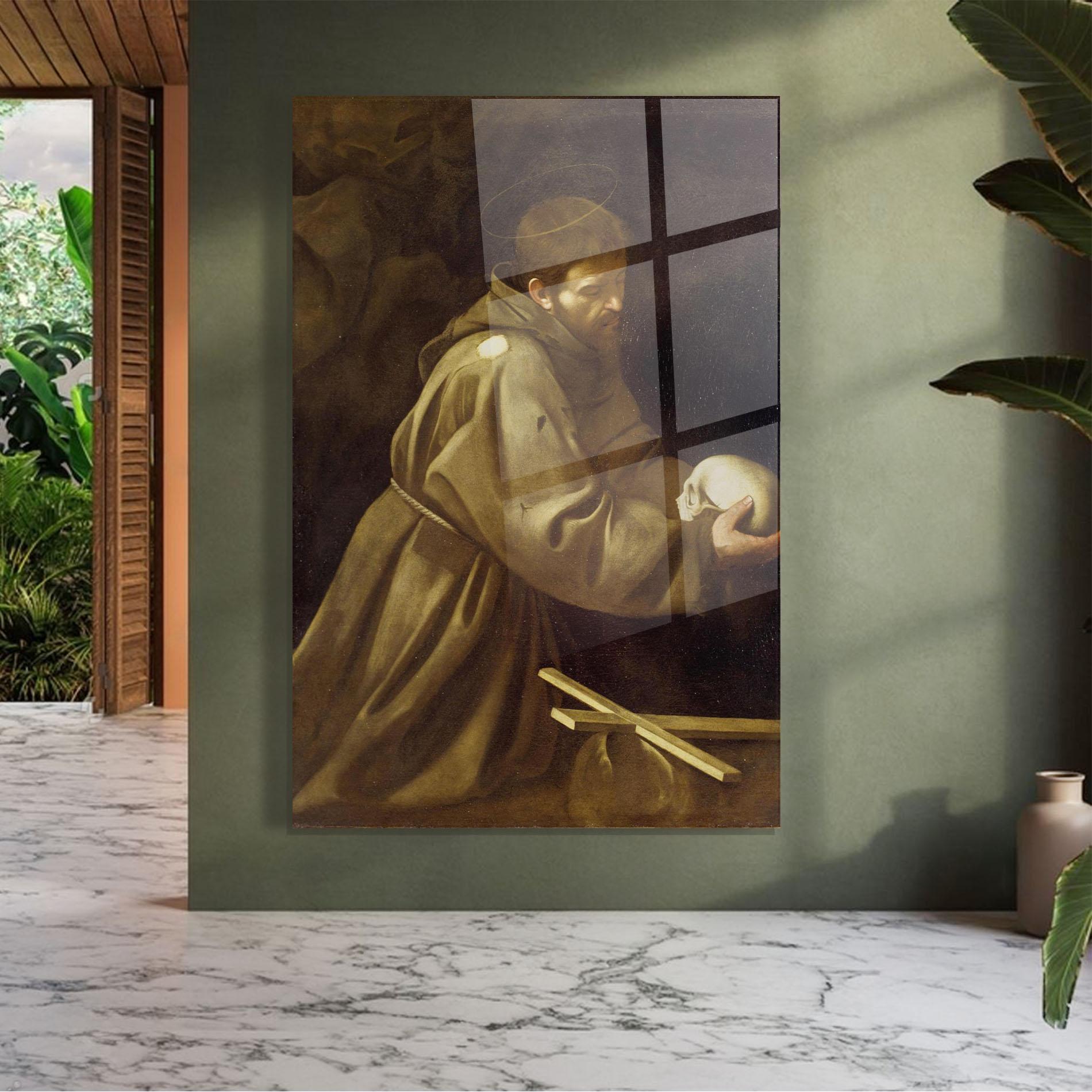 Glasbild Caravaggio Francis Prayer mockup 7