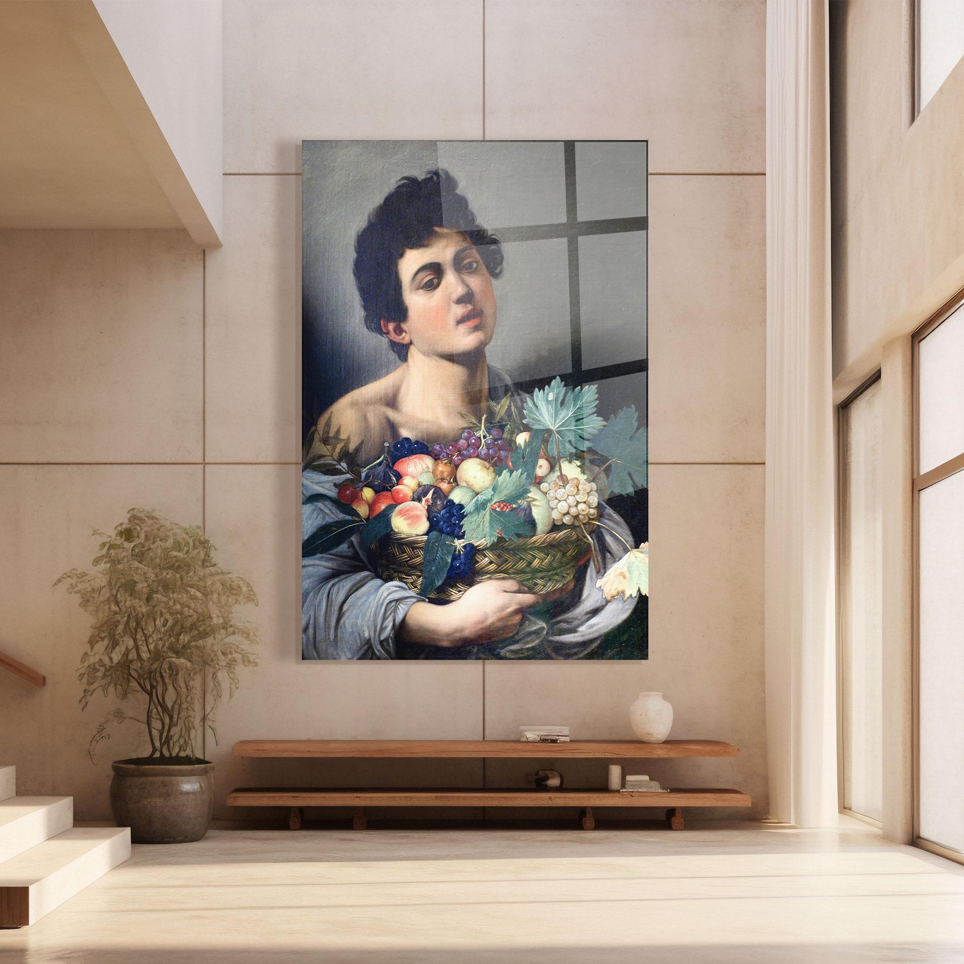 Glasbild Boy With A Basket Of Fruit mockup 8