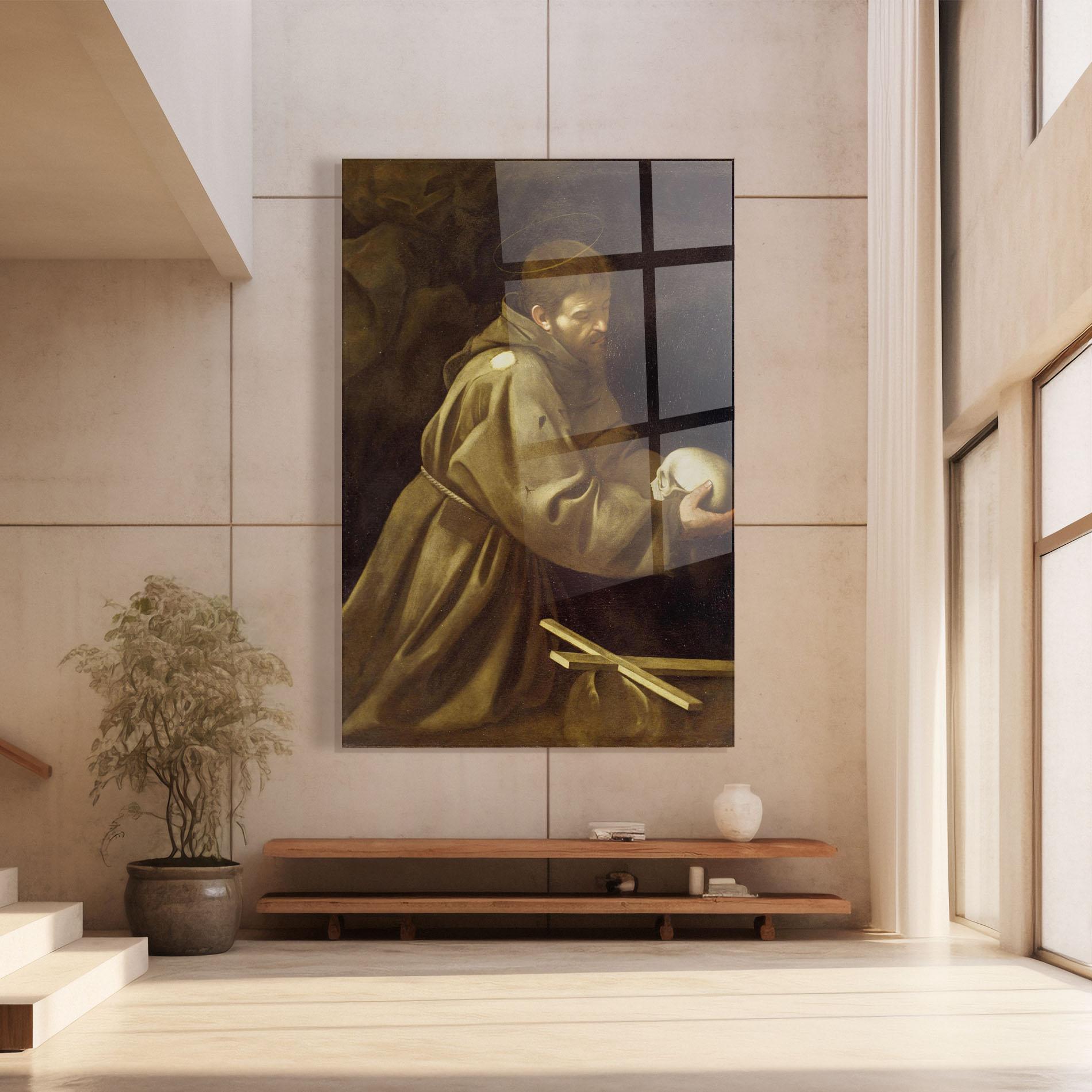 Glasbild Caravaggio Francis Prayer mockup 8