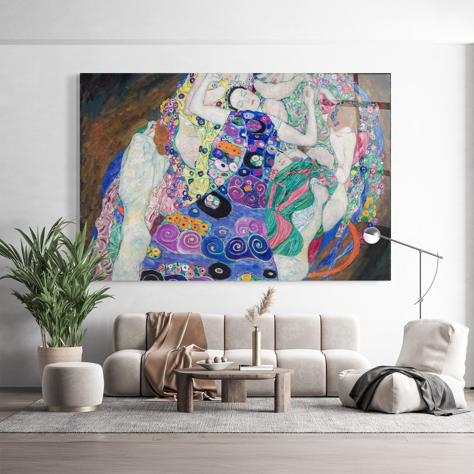 Glasbild Klimt Die Jungfrau mockup 9