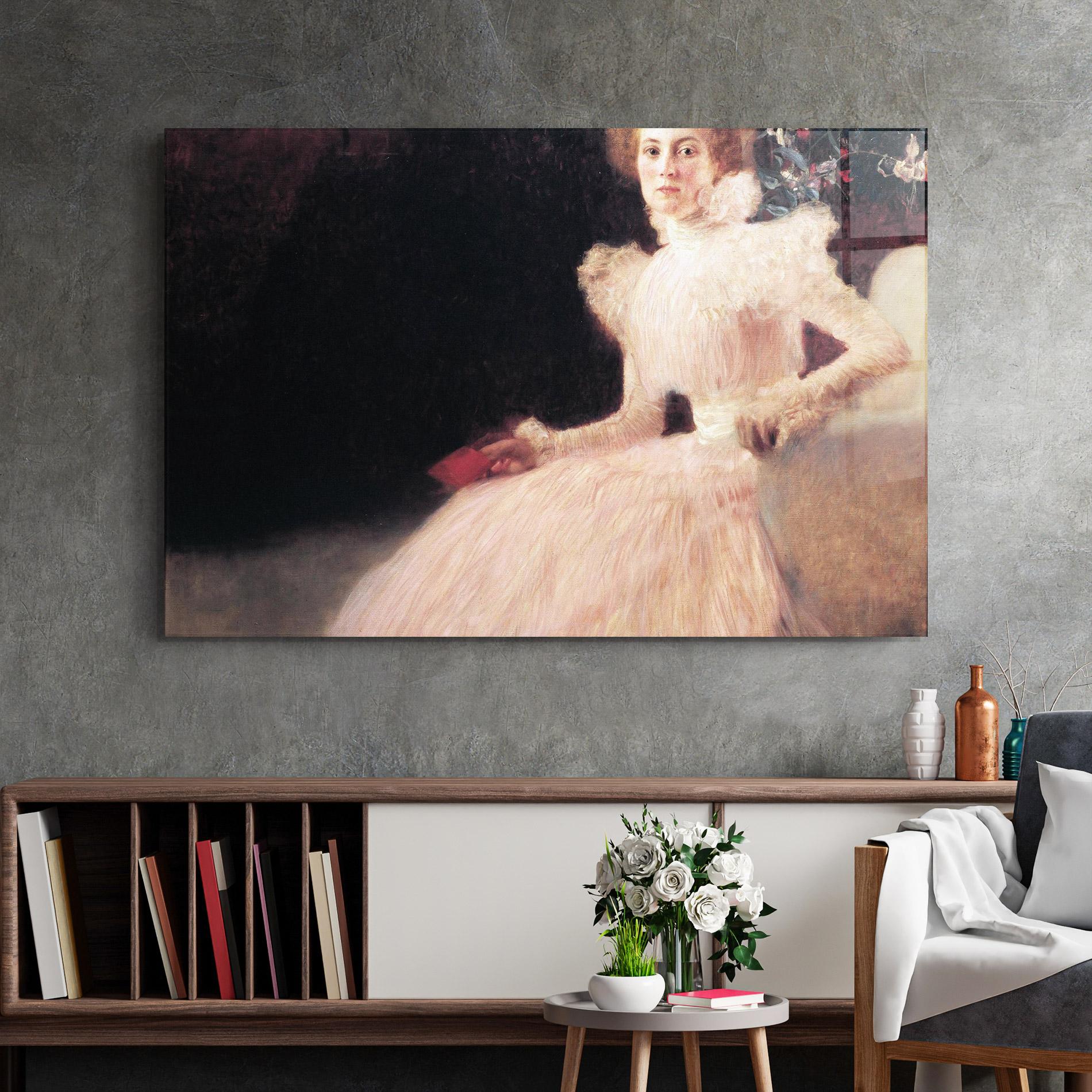 Glasbild Gustav Klimt Pink Dress mockup 2