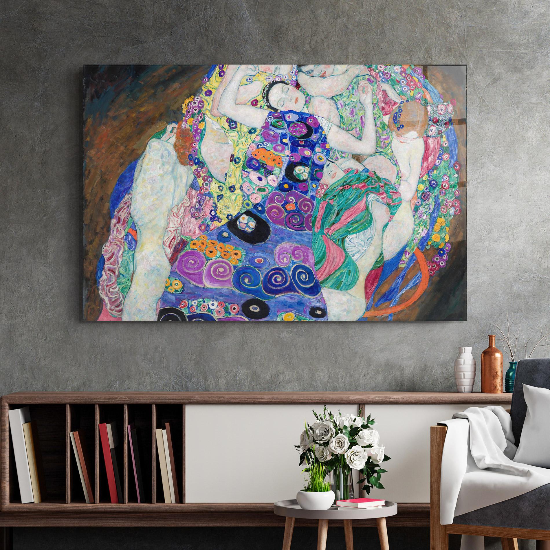 Glasbild Klimt Die Jungfrau mockup 2