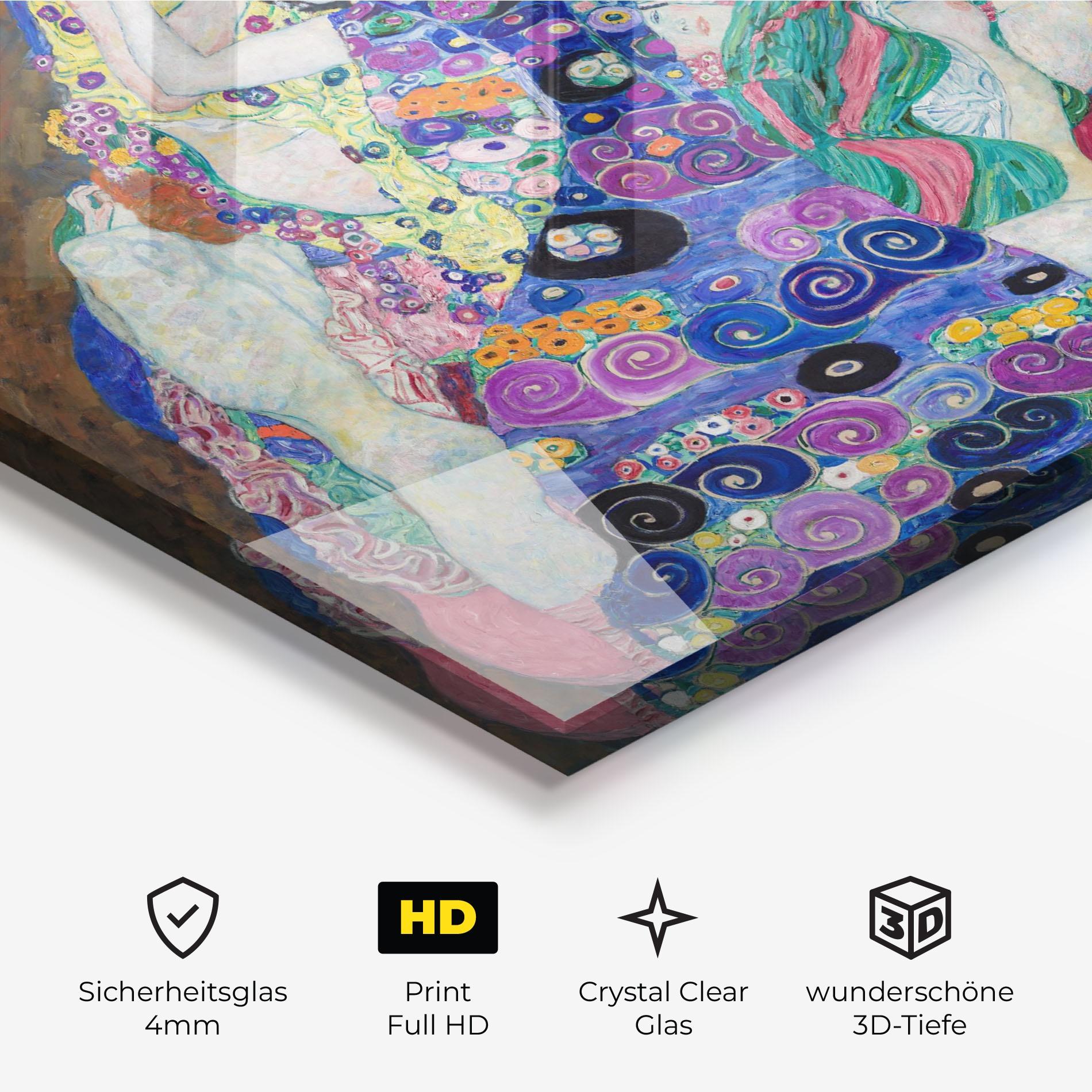 Glasbild Klimt Die Jungfrau mockup 3