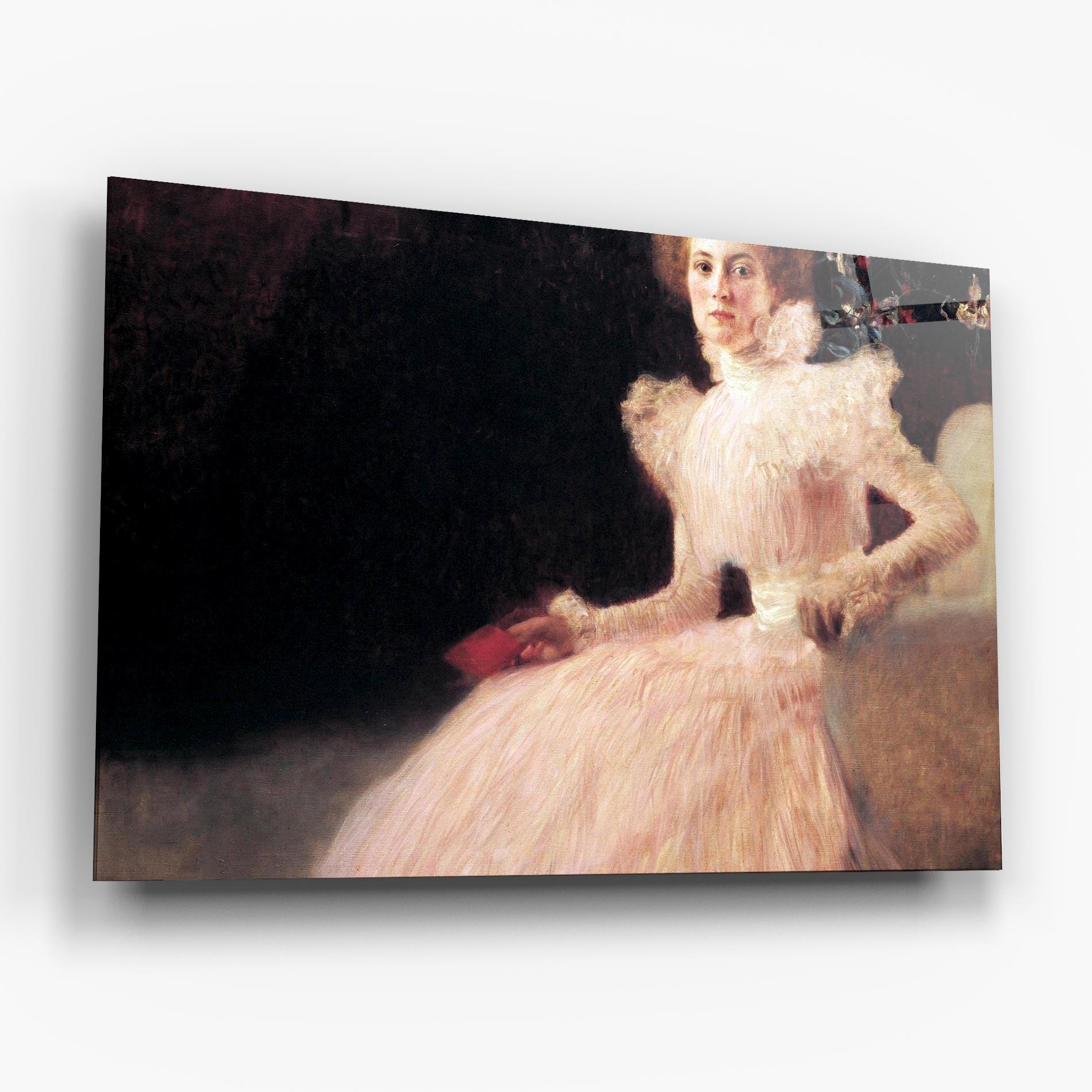 Glasbild Gustav Klimt Pink Dress mockup 6