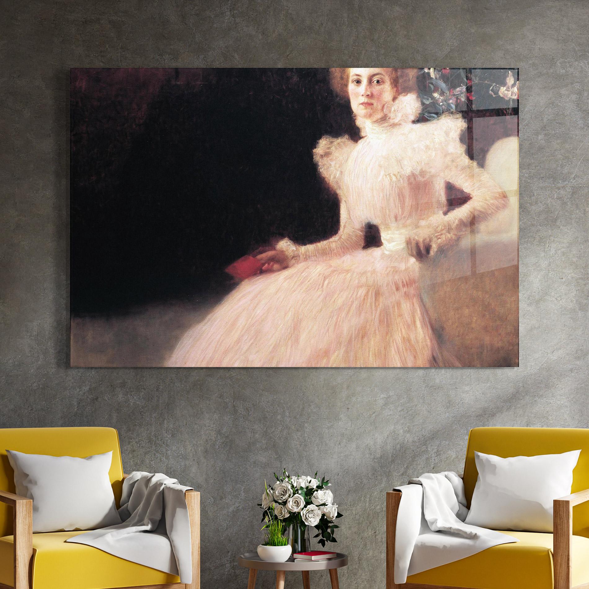Glasbild Gustav Klimt Pink Dress mockup 4